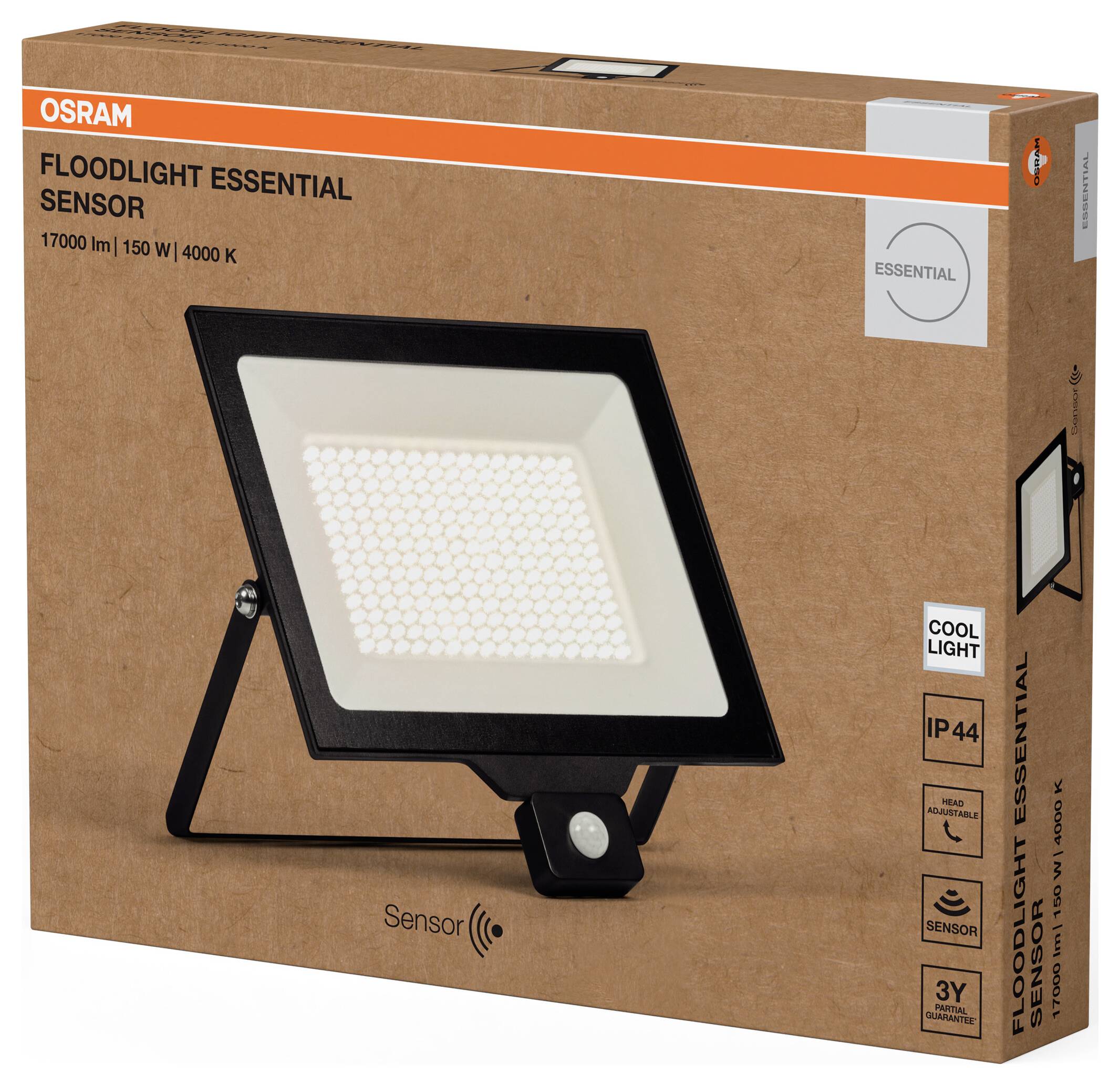 Eine Verpackung für Osram Floodlight Essential Sensor. Das Produkt bietet 17.000 Lumen bei 150 Watt und hat eine Farbtemperatur von 4000 Kelvin.
