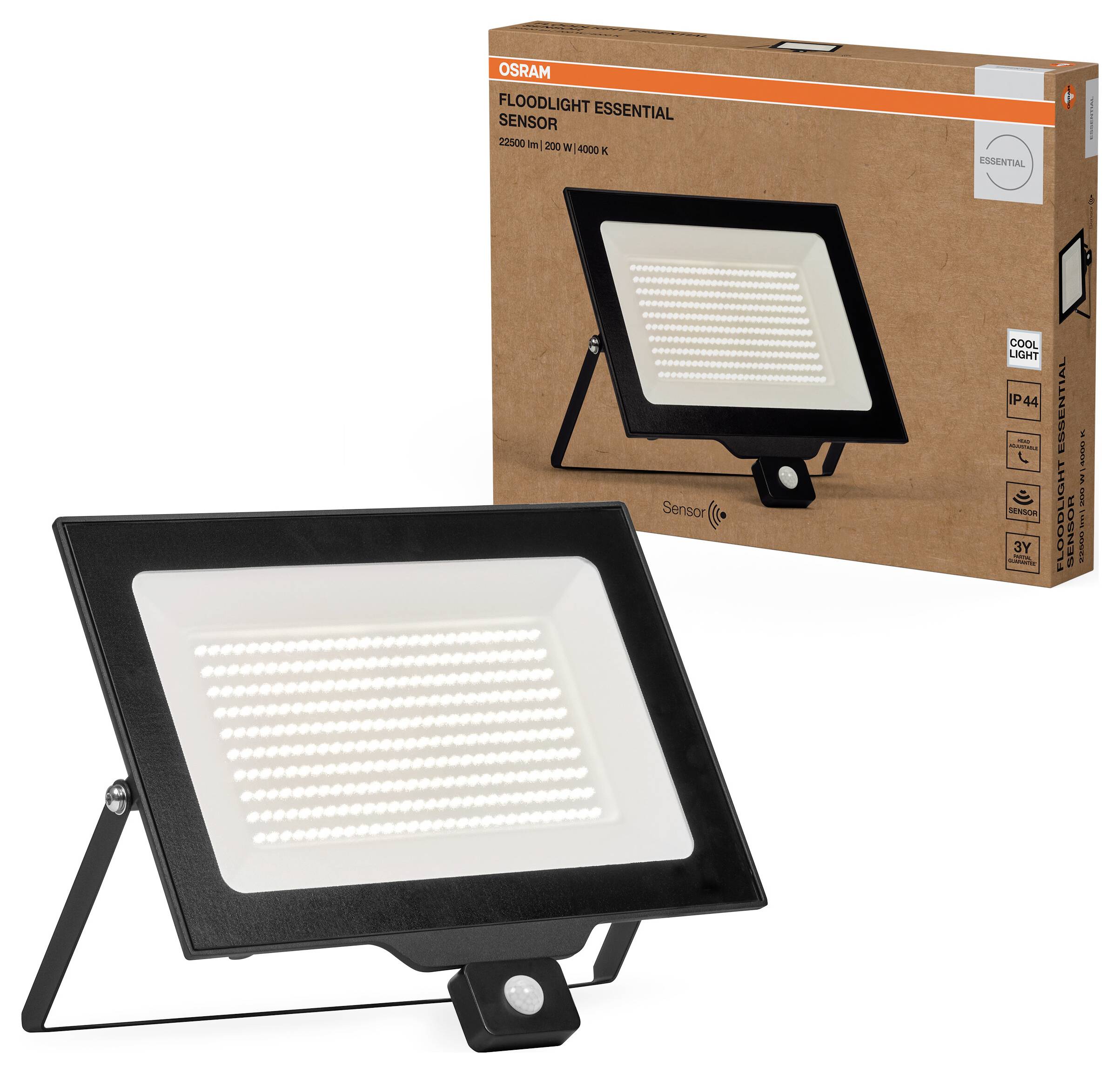 Flutlicht mit Bewegungsmelder, OSRAM Floodlight Essential, 220-240V, 50W, 4000K. Produkt und Verpackung abgebildet.