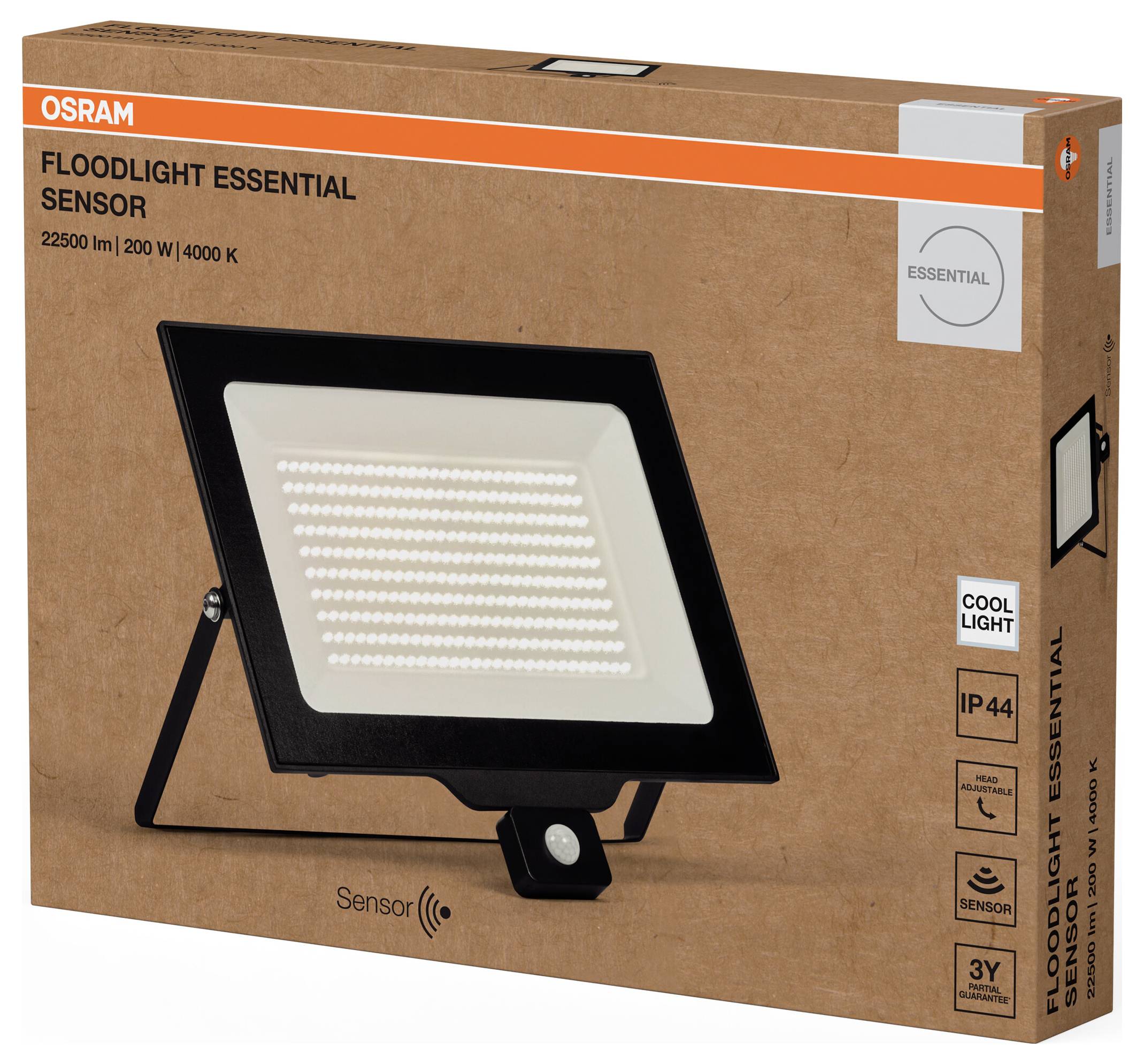 Verpackung eines OSRAM-Flutlichts mit Sensor, Modell 'Floodlight Essential', 22500 lm, 200 W, 4000 K, IP44 geeignet für Außenbereiche.