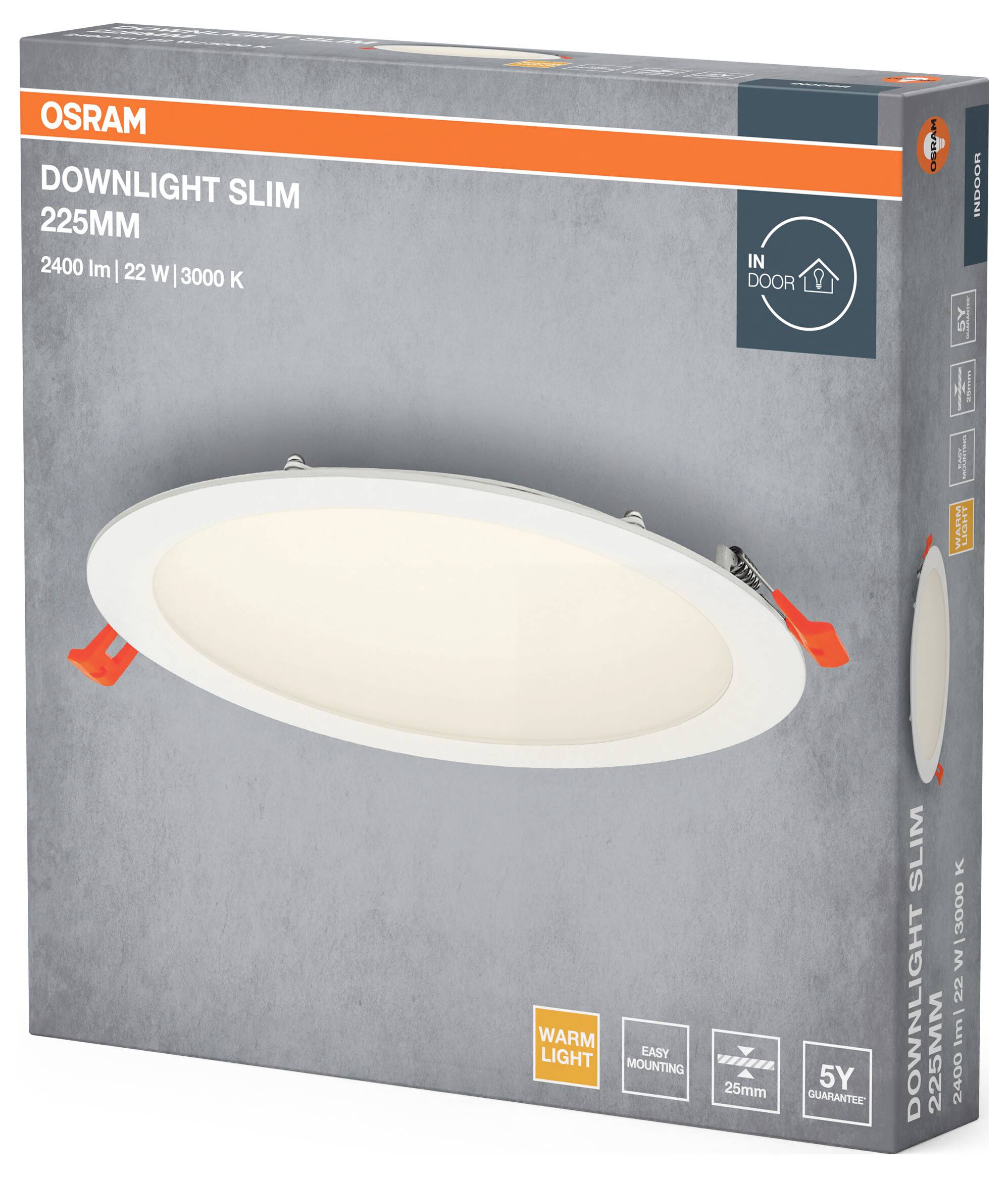 Osram LED-Downlight Slim, 225mm, 2400 lm, 22W, 3000K, für Innenräume geeignet. Verpackung zeigt ein rundes, flaches Design.