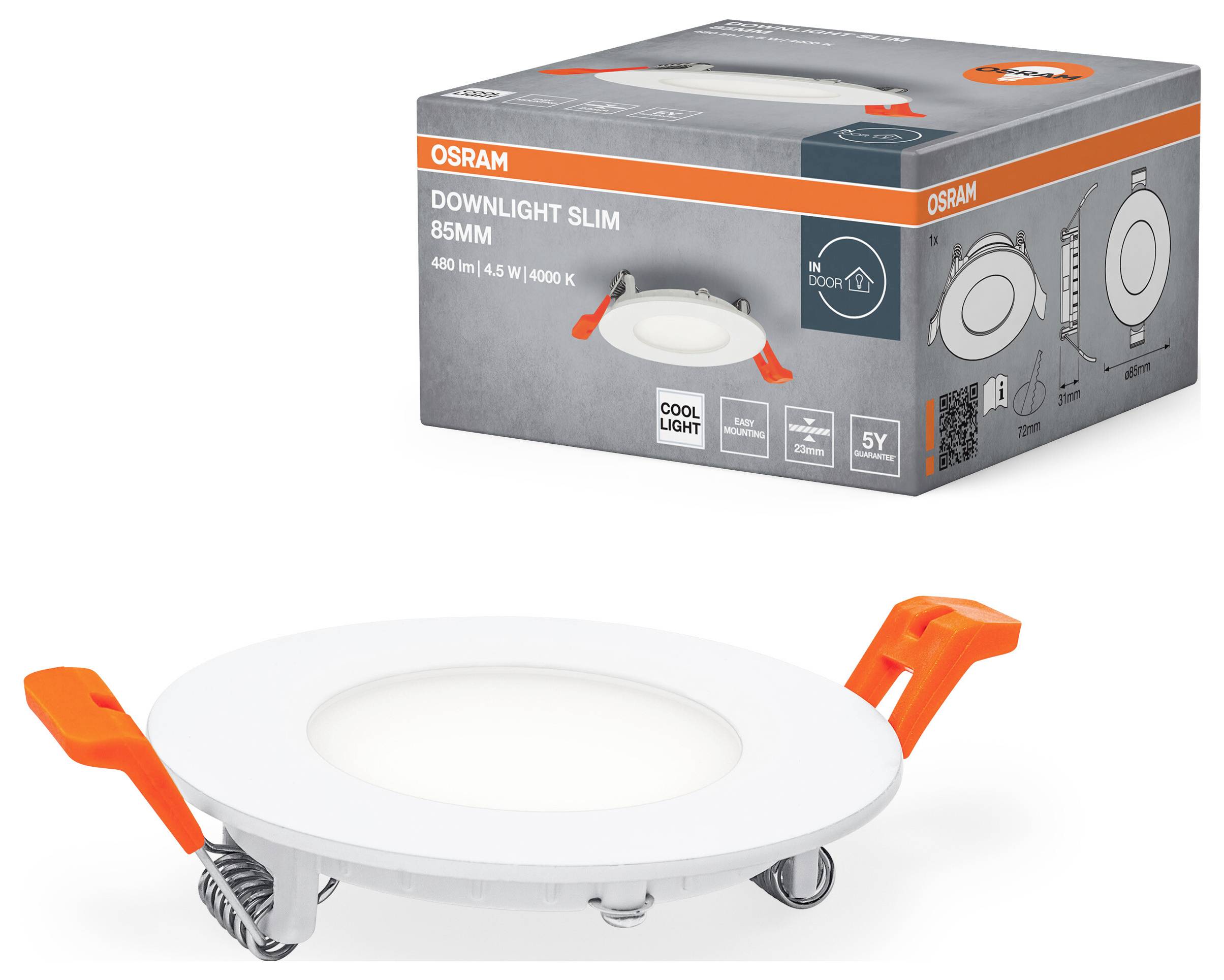 Eine runde, weiße Einbauleuchte mit orangenen Clips und grauer Verpackung mit der Aufschrift 'OSRAM Downlight Slim 85mm'.