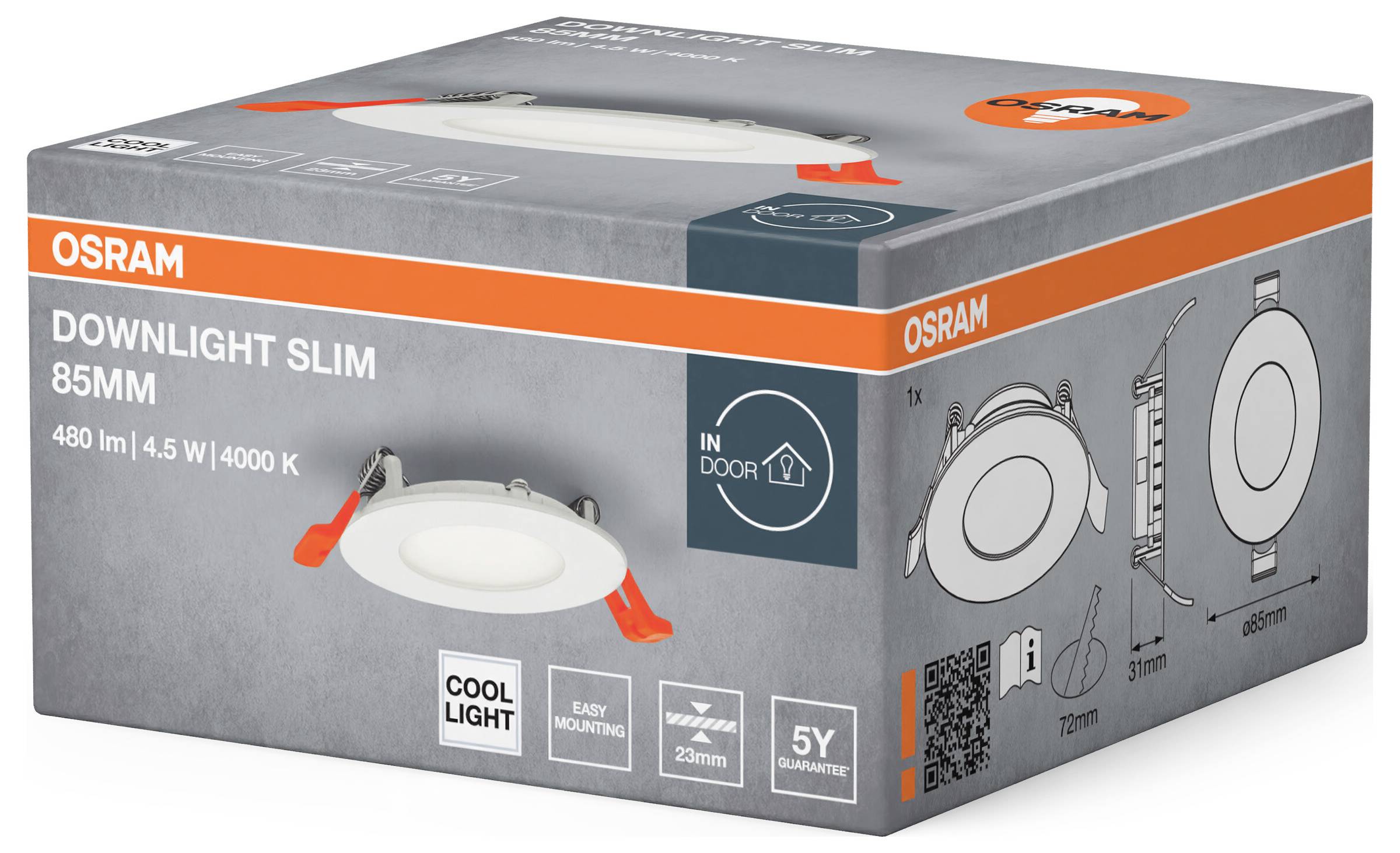 'Osram Downlight Slim 85mm' Verpackung mit Bild des Produkts, Spezifikationen: 480 lm, 4.5 W, 4000 K, geeignet für den Innenbereich.