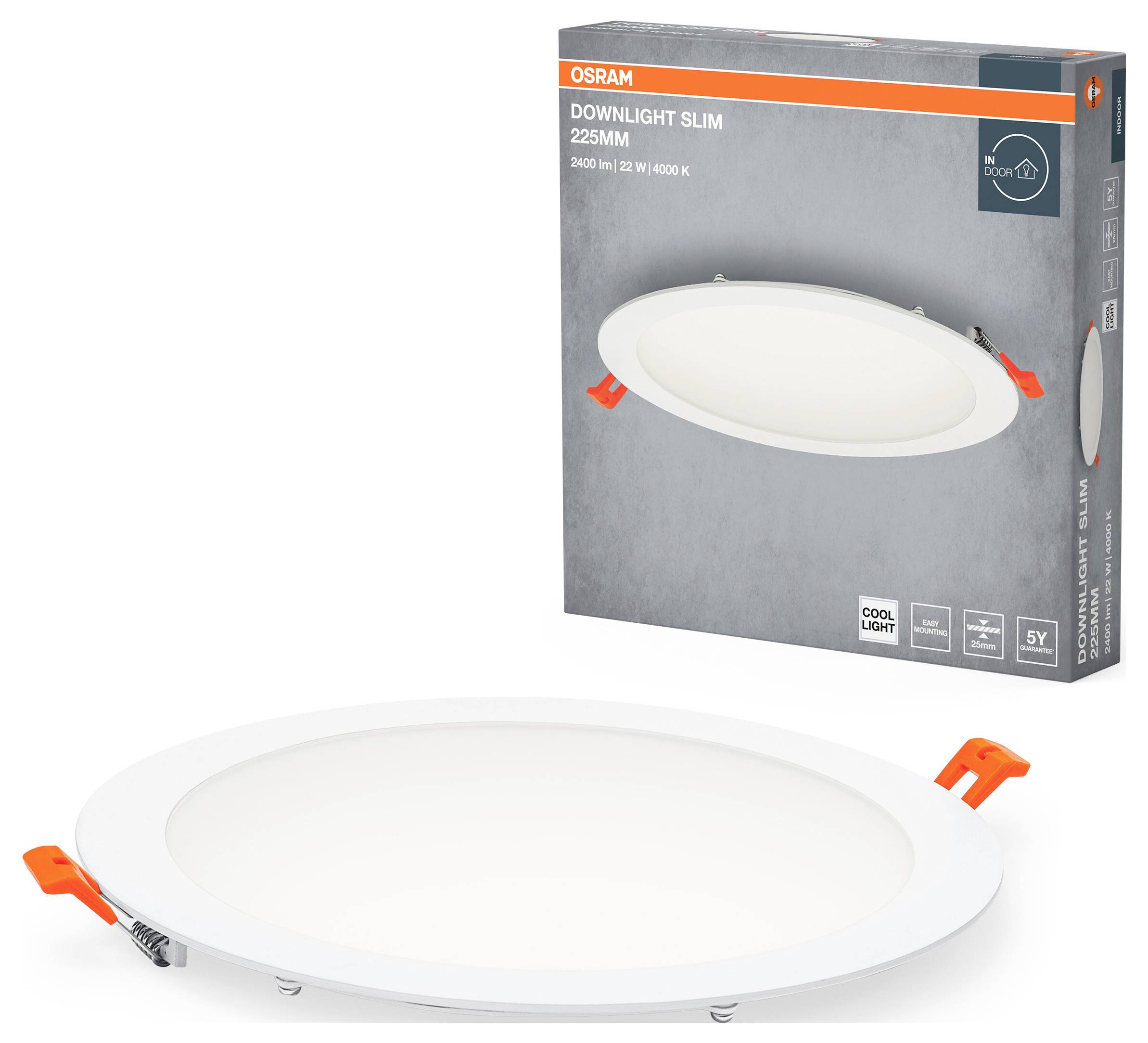 Ein flaches, rundes Einbau-LED-Downlight mit kühlem weißem Licht, 225 mm Durchmesser. Verpackung zeigt Produktdetails von OSRAM.