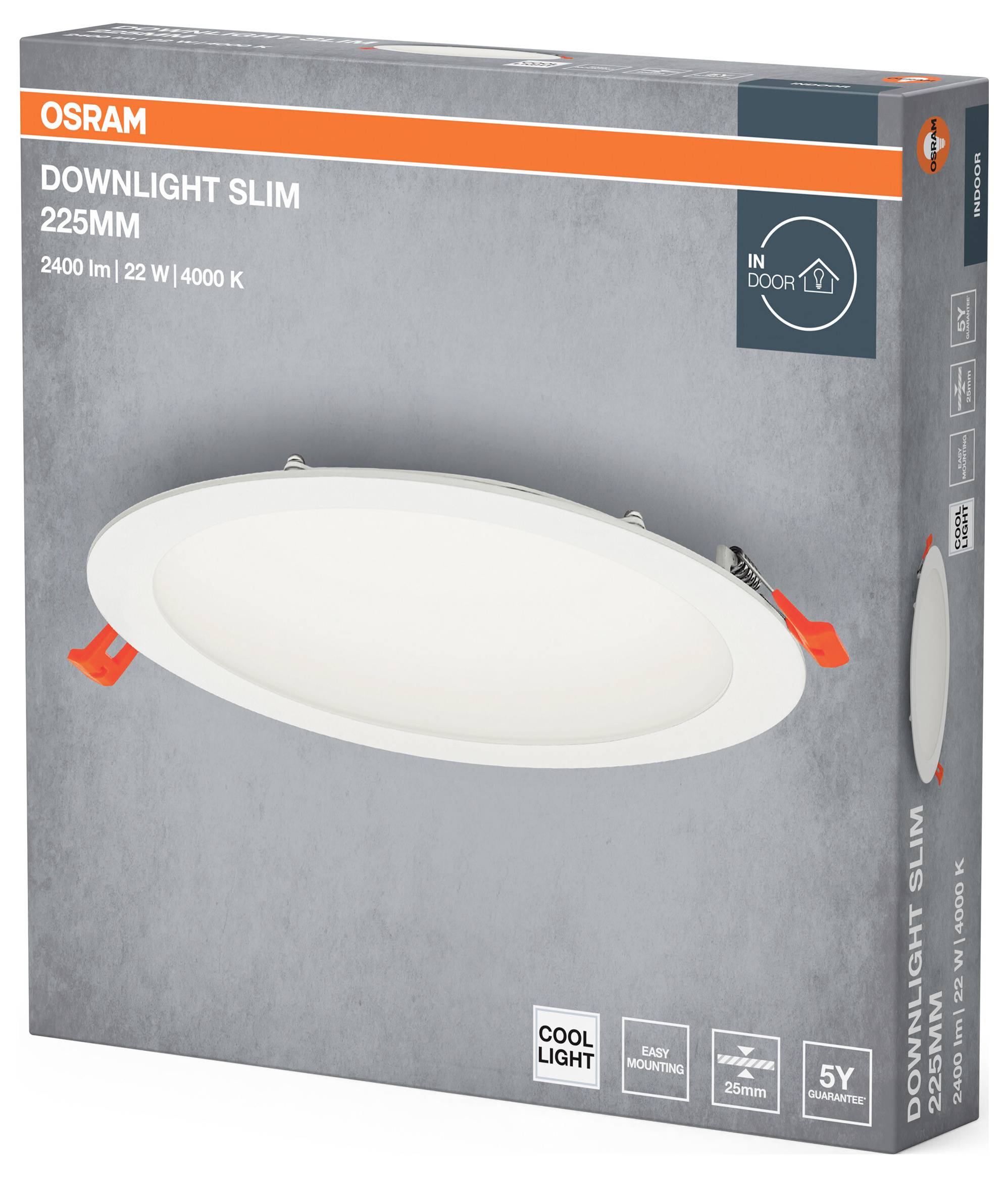 Verpackung einer Osram Downlight Slim Lampe, 225 mm, 2400 lm, 22 W, 4000 K. Inklusive Montageanleitung und 5 Jahre Garantie.