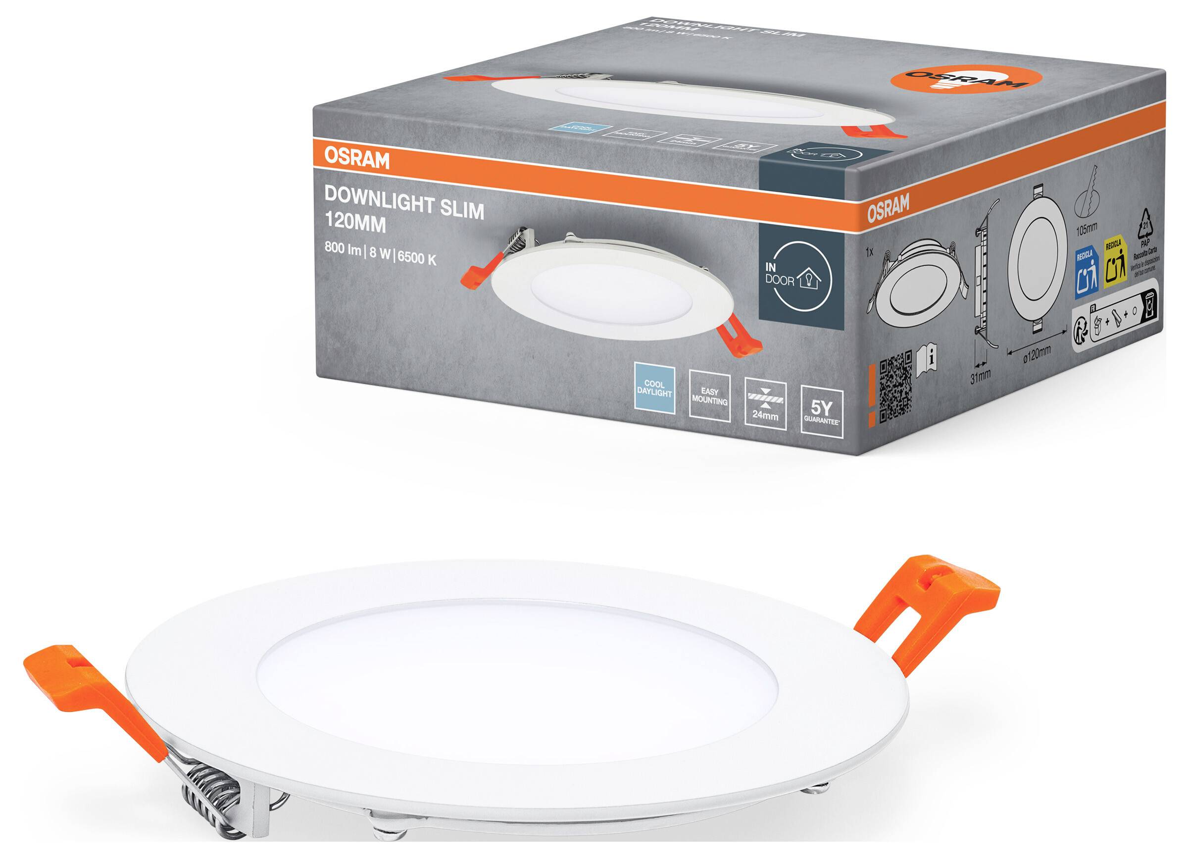 Das Bild zeigt eine OSRAM Downlight Slim Leuchte mit Verpackung. Die Leuchte ist rund, 120mm, für Deckenmontage geeignet. Energieeffizienz- und Produktinformationen sind auf der Verpackung sichtbar.
