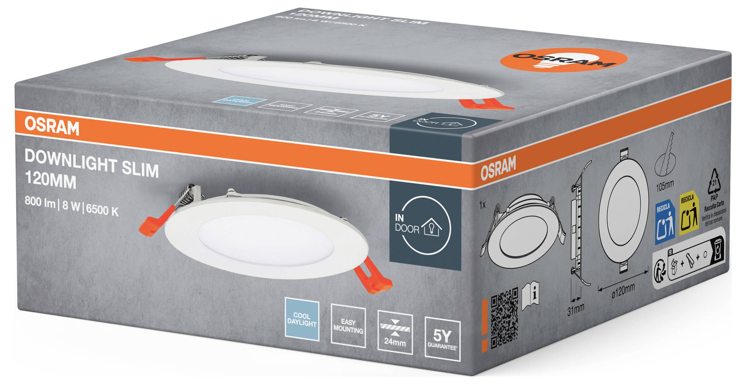 'OSRAM Downlight Slim 120 mm, 800 lm, 8 W, 6500 K.' Verpackung zeigt energiesparendes Einbaulicht mit Garantie-Hinweis und Anwendungsmöglichkeiten.