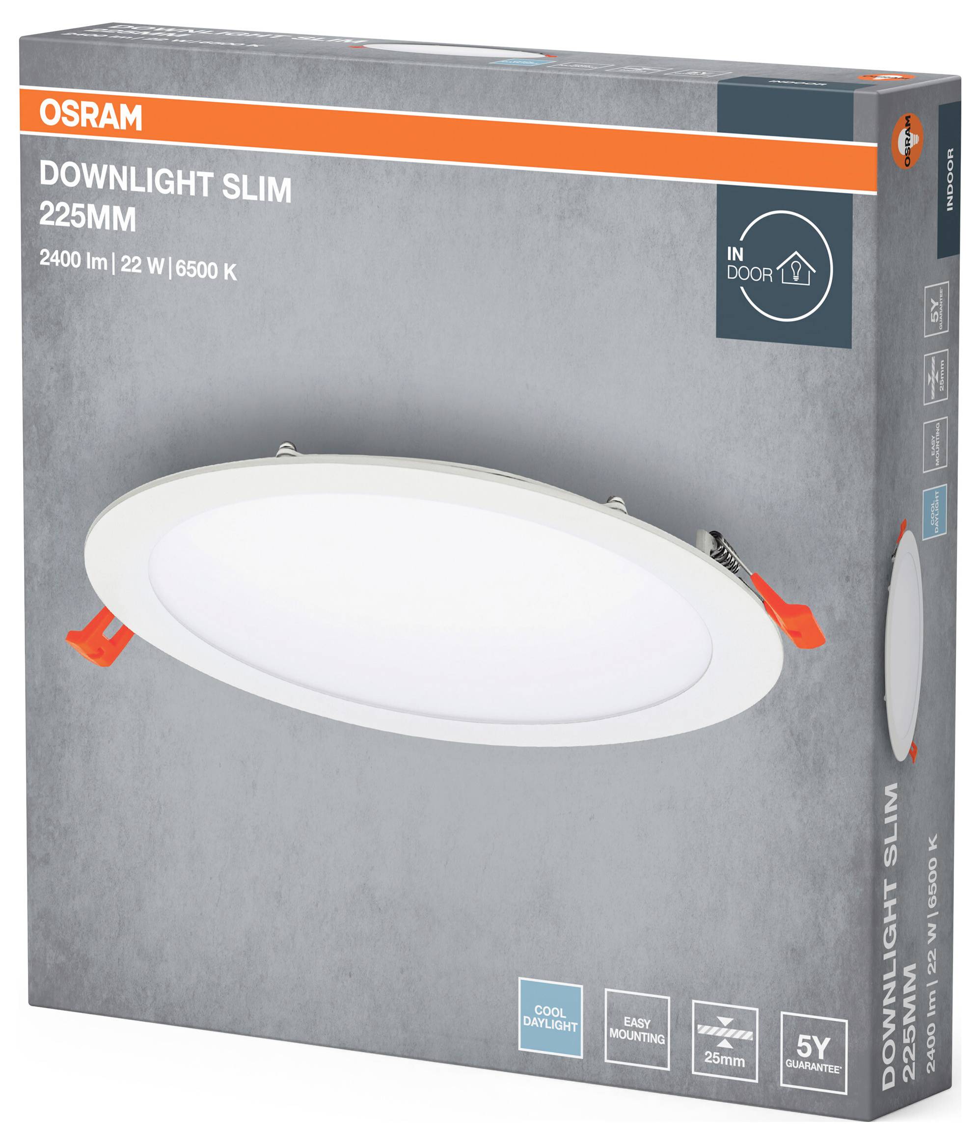 Verpackung der Osram Downlight Slim 225 mm, 2400 lm, 22 W, 6500 K. Geeignet für Innenräume, leichte Installation, 5 Jahre Garantie.
