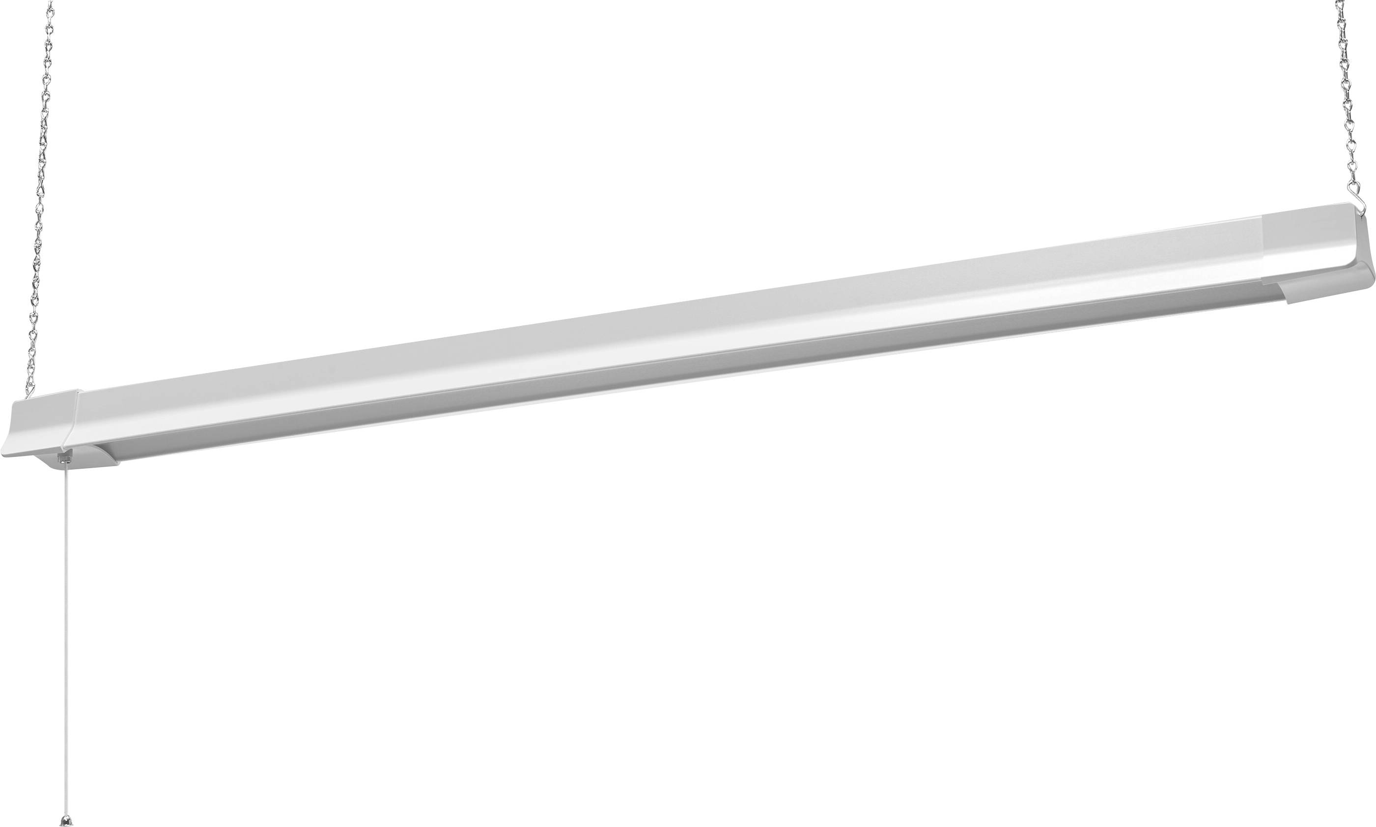 Hängende, moderne Leuchtstofflampe in einem schlichten Design, befestigt mit zwei Ketten. Geeignet für minimalistische Einrichtung.