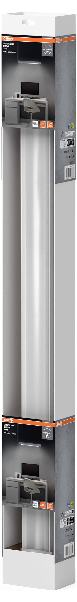 LED-Leuchtstoffröhre in Verpackung. Die Packung zeigt Bild der Lampe und ihren Energieeffizienzgrad.