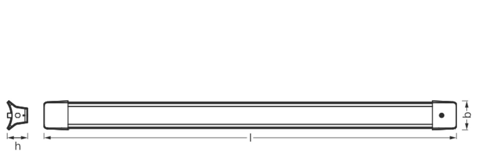 Strichzeichnung eines länglichen Bauteils mit Längenangaben: Höhe (h), Breite (b) und Länge (l). Links befindet sich eine Klemme.
