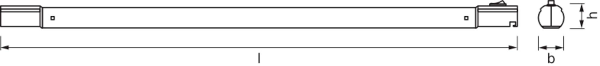 Technische Zeichnung eines Stabes mit symmetrischen Endkomponenten. Notiert sind Maße 'l' für Länge und 'b' für die Breite der Endteile.