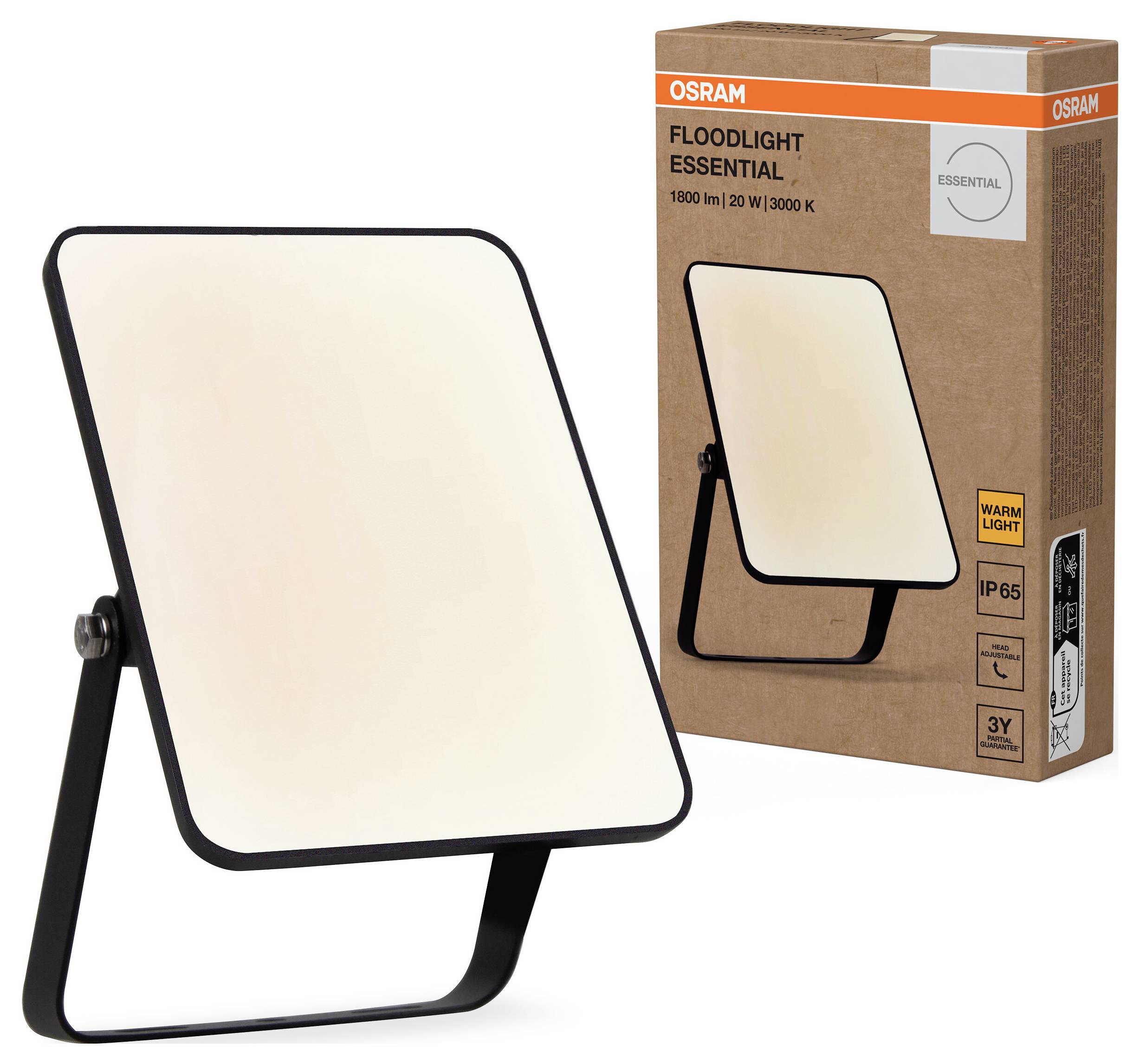 Flutlicht von OSRAM, rechteckig mit Ständer, auf Verpackung abgebildet; 1800 Lumen, 20 Watt, 3000 Kelvin, warmweißes Licht, IP65.