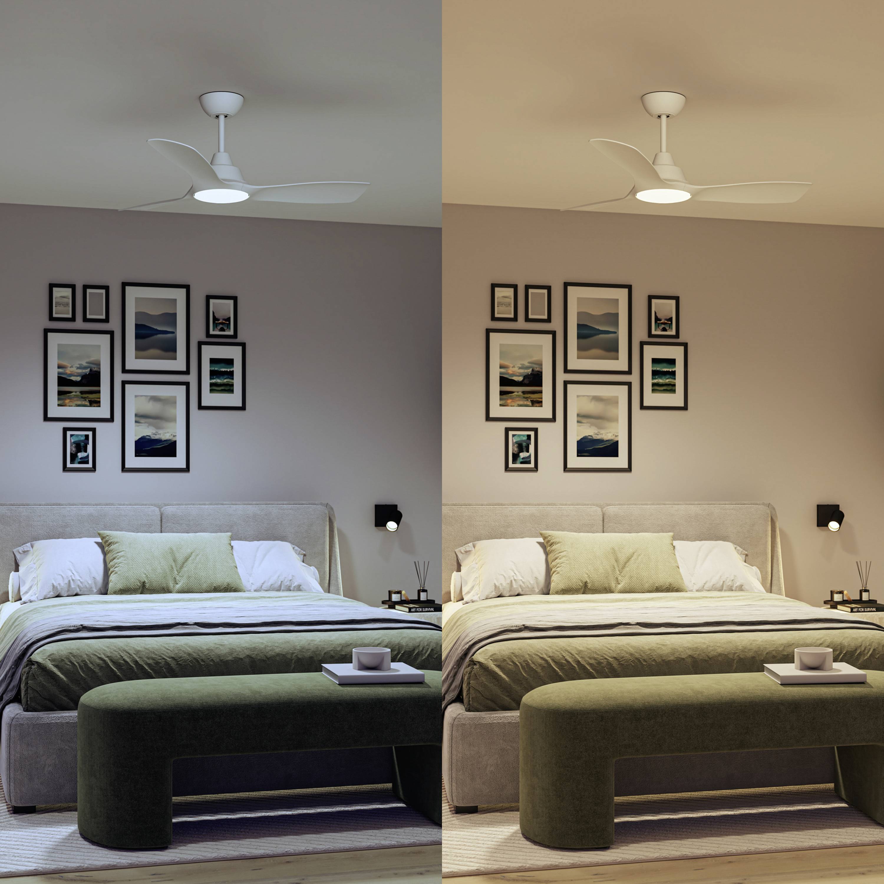 Zwei Bilder eines Schlafzimmers nebeneinander, links mit kühlem, rechts mit warmem Licht, verdeutlichen den Effekt von Lichtfarbe.