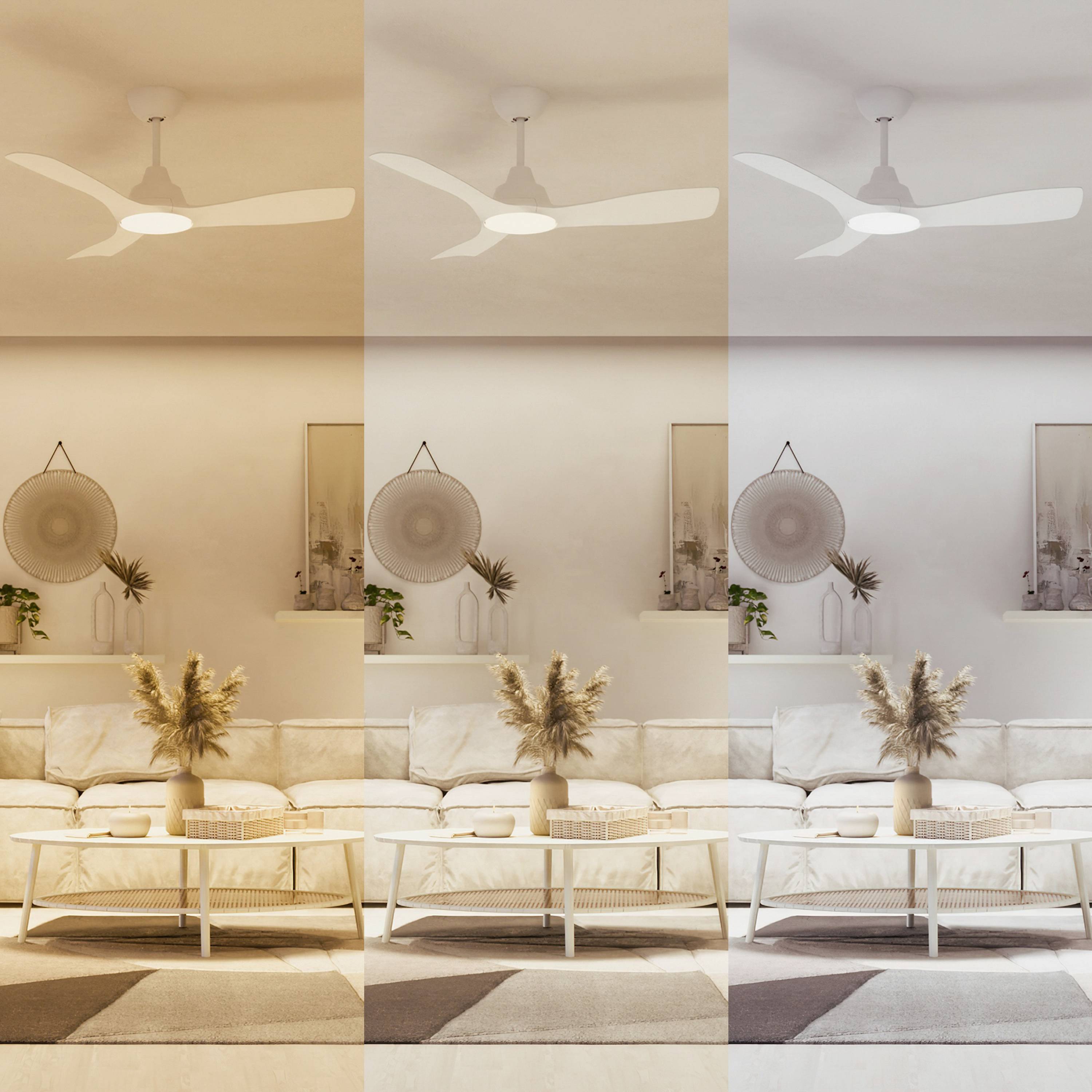 Dreifaches Bild eines Wohnzimmers mit unterschiedlichen Lichttönen: warm, neutral und kalt. Sofa, Couchtisch und dekorative Pflanzen sind sichtbar.