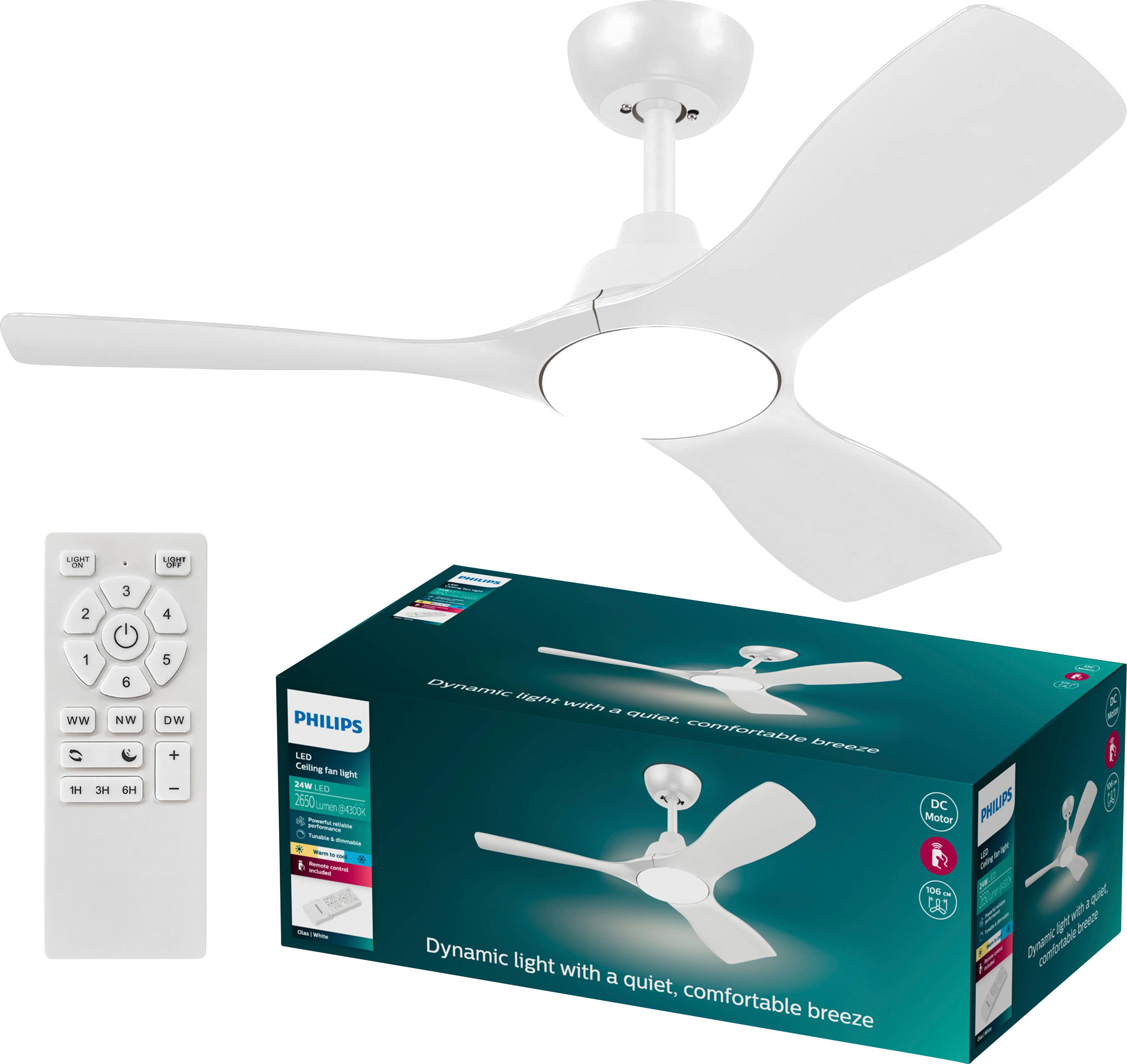 Deckenventilator mit drei weißen Flügeln, geliefert mit Fernbedienung. Box zeigt Bild des Ventilators und Text 'Dynamic light with a quiet, comfortable breeze'.