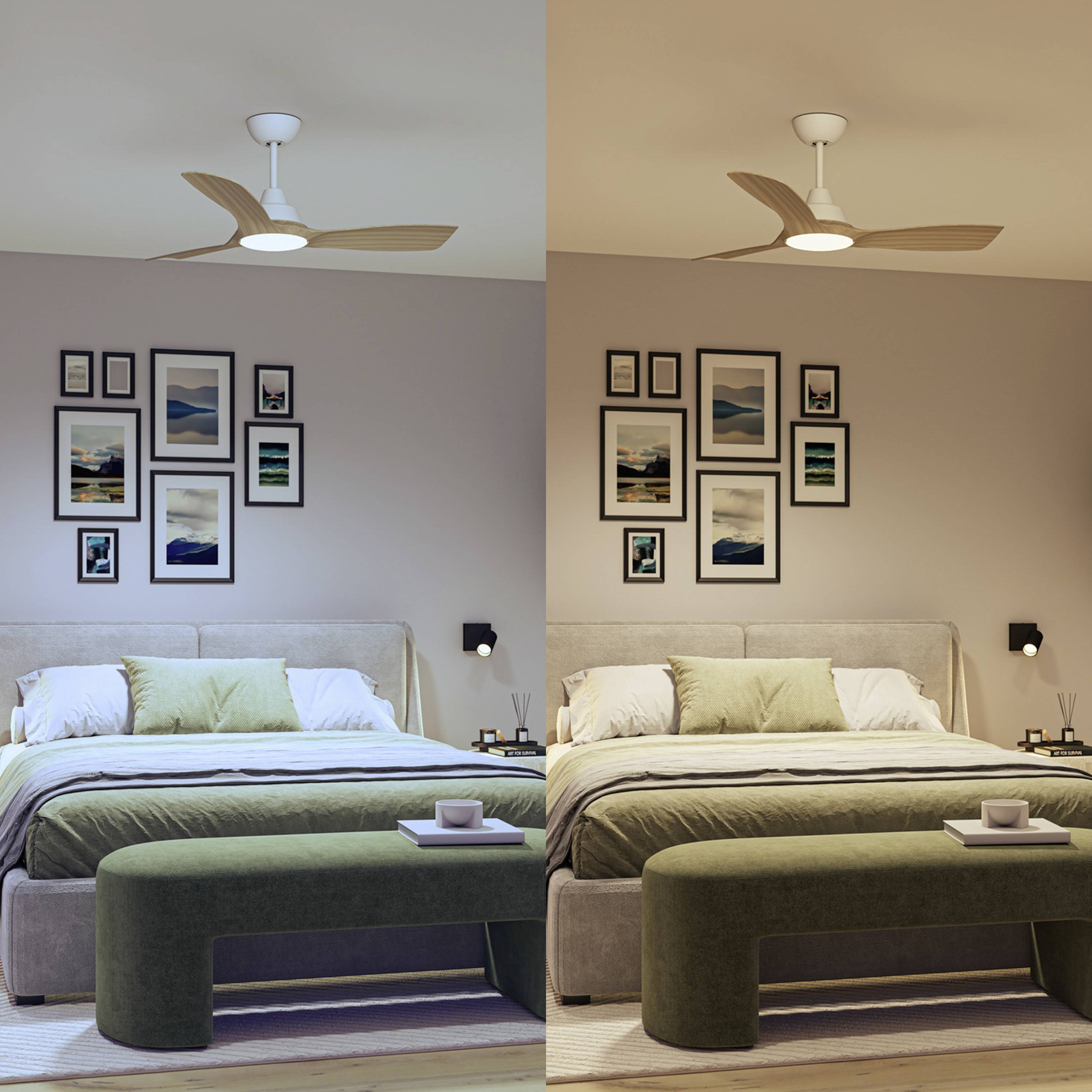 Ein Schlafzimmer mit einem großen Bett, dekorativen Kissen und Wandbildern. Links ist warmes Licht, rechts ist kühles Licht zu sehen.