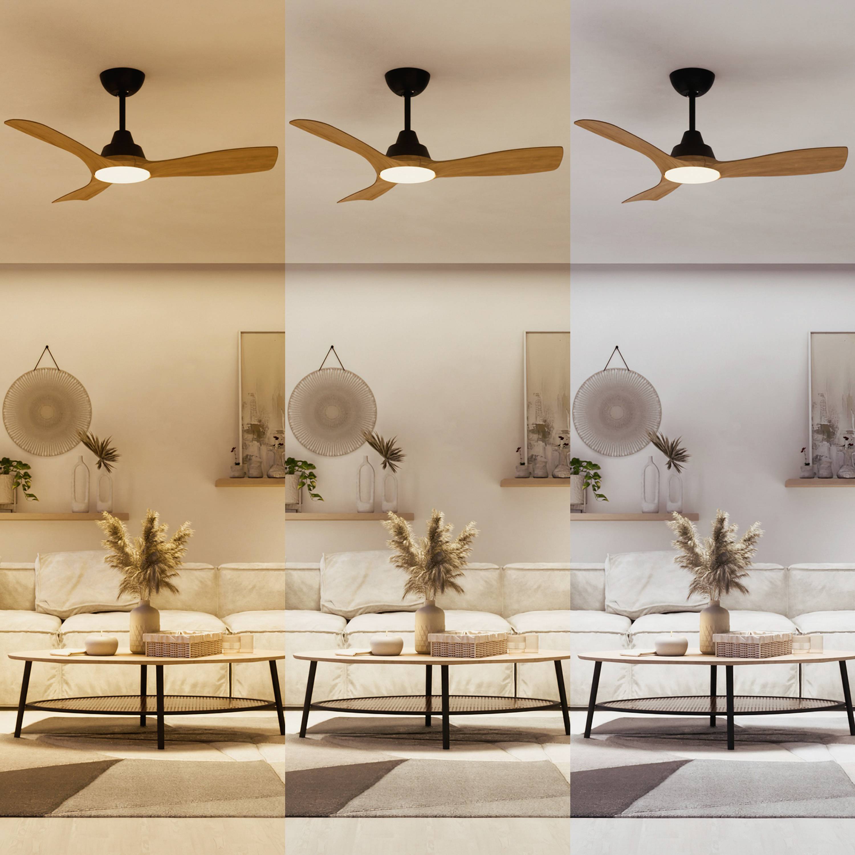 Drei Bilder eines Wohnzimmers mit Deckenventilator, jedes mit unterschiedlicher Beleuchtung. Links warmes Licht, Mitte Tageslicht, rechts kaltes Licht.