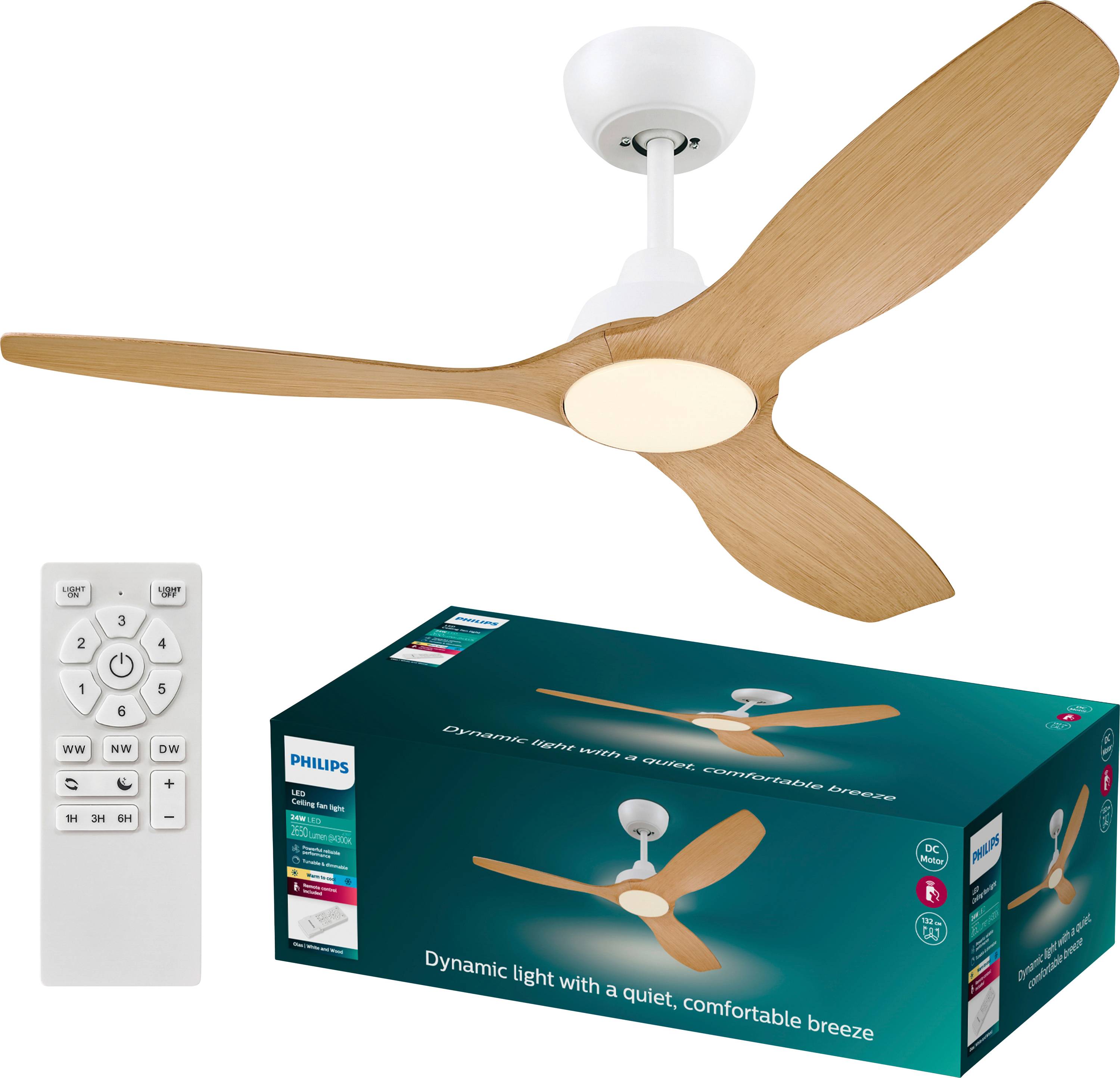 Deckenventilator mit drei blattförmigen Holzflügeln und einem weißen Gehäuse, inklusive Fernbedienung und Originalverpackung.