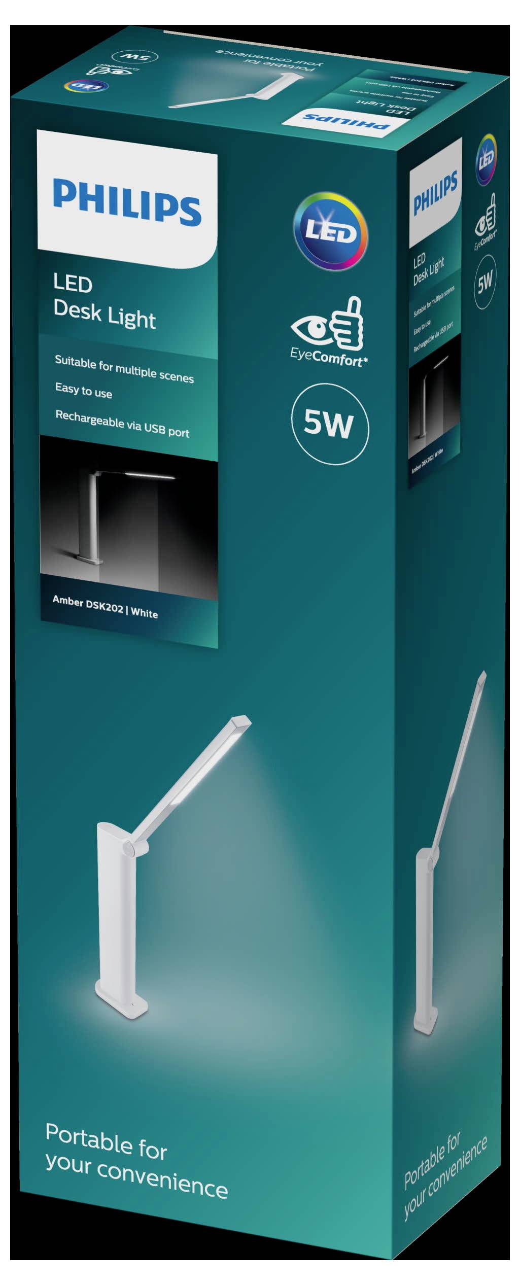 Verpackung einer Philips LED-Schreibtischlampe, 5W, geeignet für verschiedene Szenen, einfach zu bedienen, aufladbar über USB.