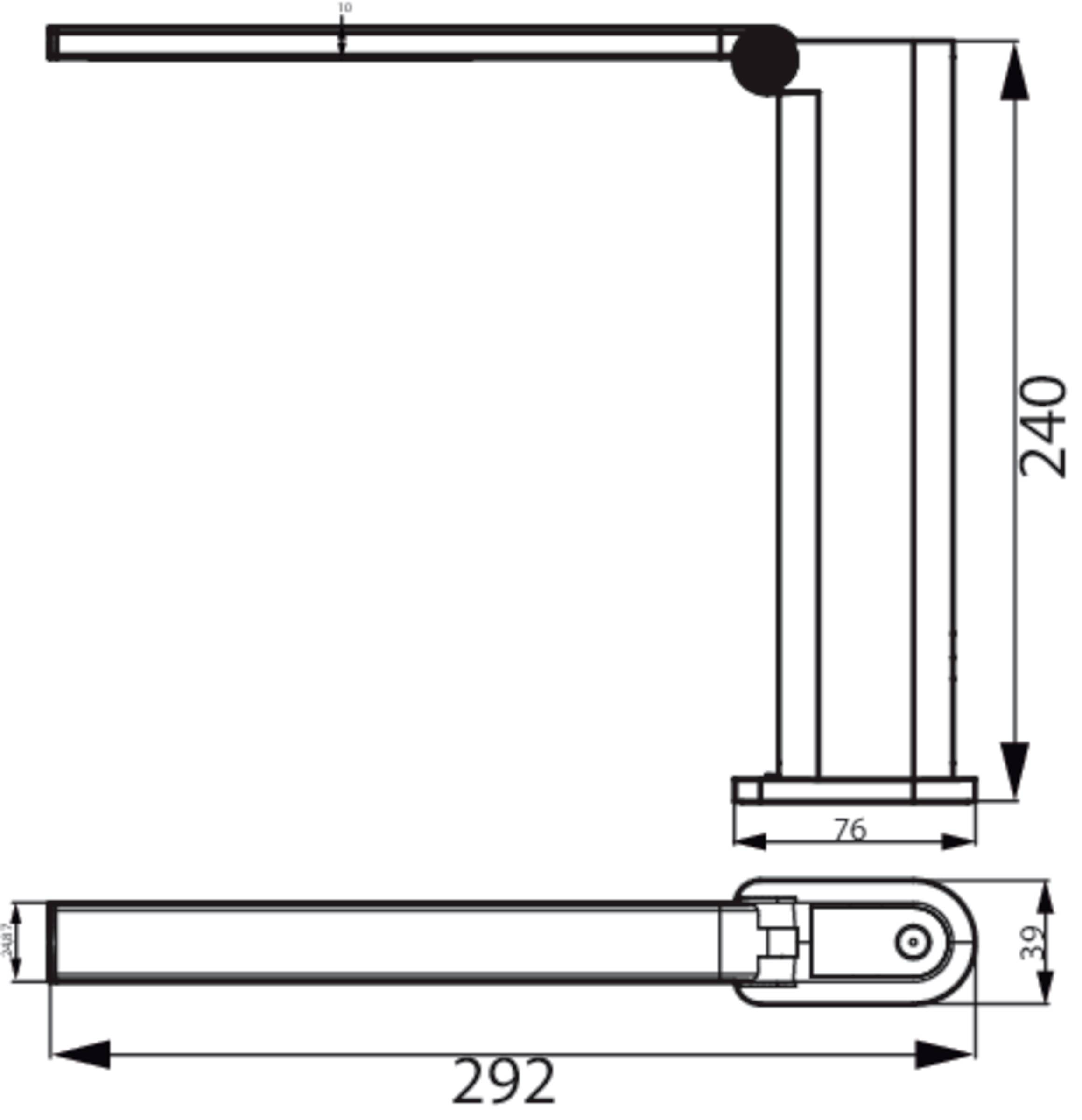 Diagramm einer L-förmigen Tischlampe mit den Maßen: Höhe 240 mm, Breite 292 mm und Fußbreite 76 mm.