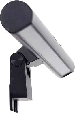 Seitliche Ansicht einer schlanken, schwarzen Lampe mit verstellbarem Arm, zur Befestigung auf einem Monitor. Ideal für Arbeitsplatzbeleuchtung.