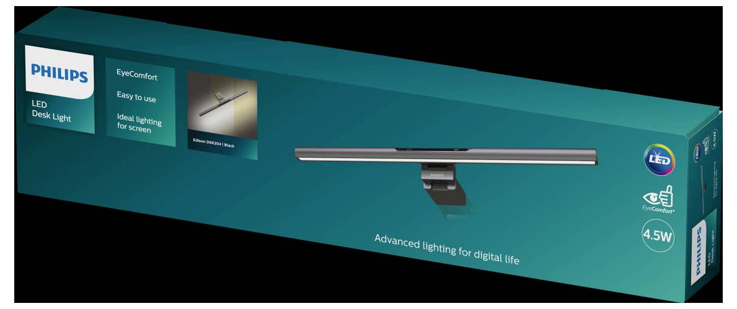 Eine Philips LED-Schreibtischleuchte in einer blauen Verpackung. Aufschriften: 'EyeComfort', 'Easy to use', 'Ideal lighting for screens'.