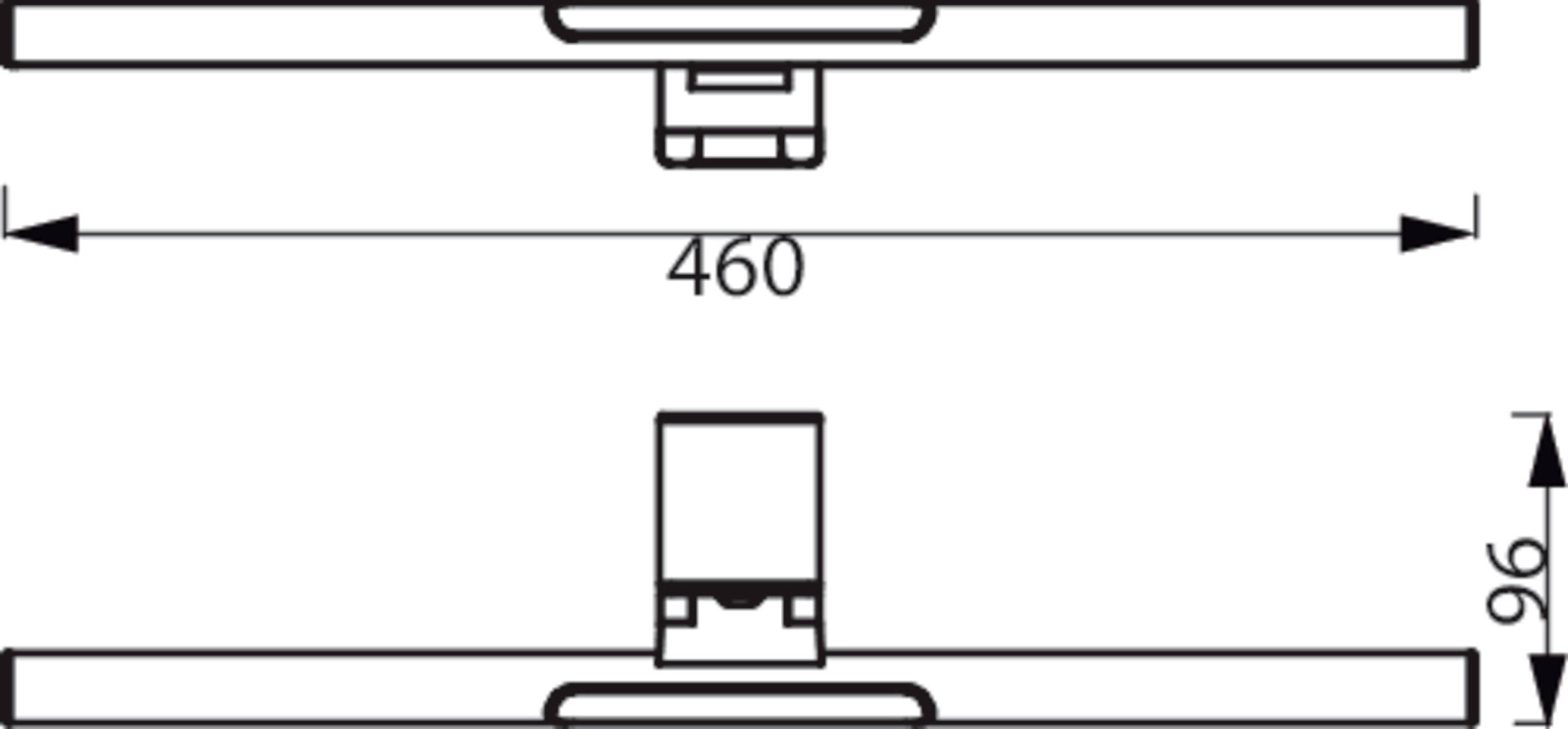 Technische Zeichnung eines rechteckigen Objekts mit Abmessungen: Breite 460 mm, Höhe 96 mm. Seitenansicht und untere Ansicht gezeigt.