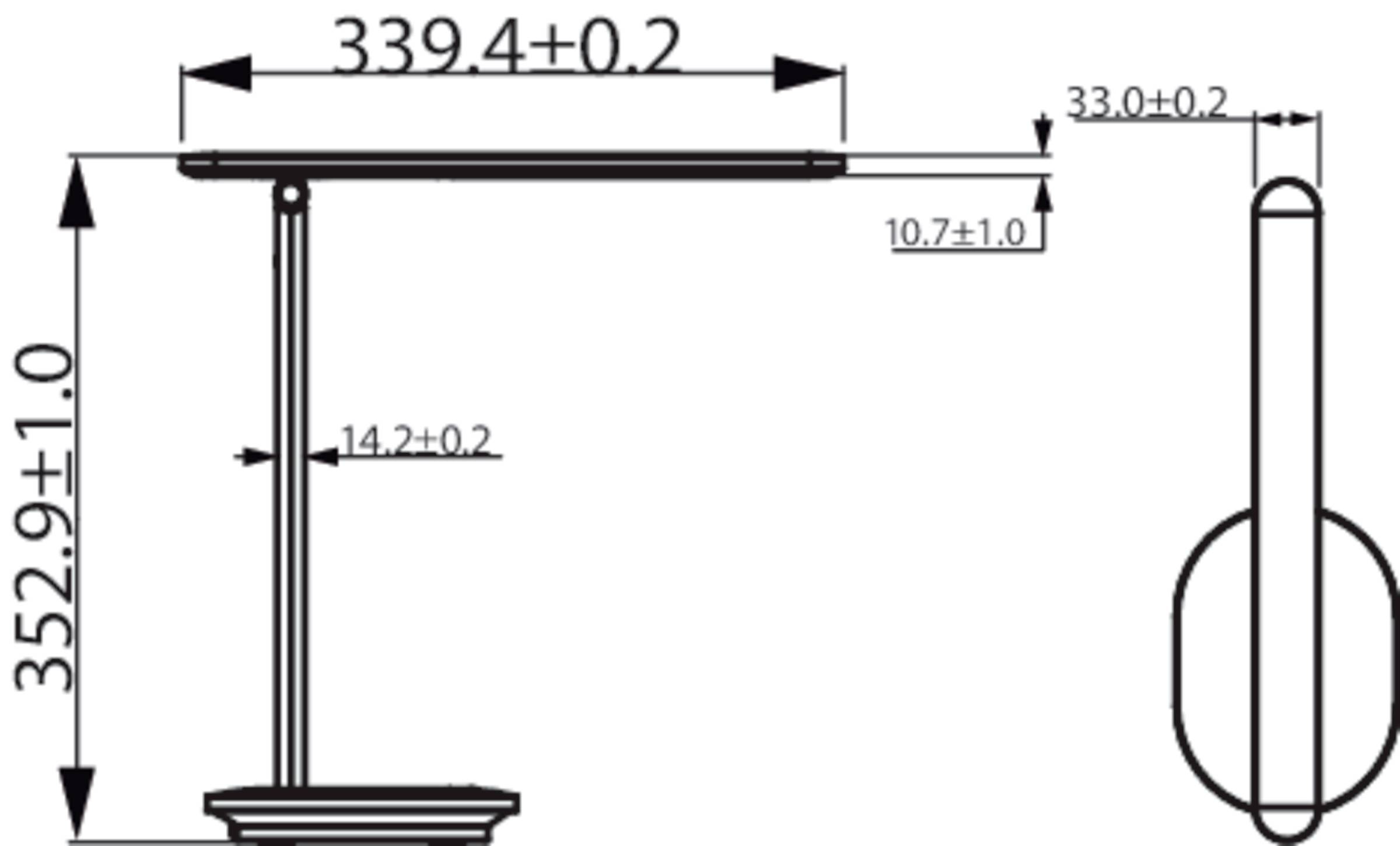 Seitenansicht einer Tischleuchte mit maßen: Höhe 352,9 mm und Breite 339,4 mm. Kanten und Stützen sind angegeben.