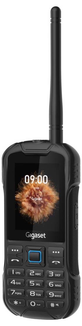 Schwarzes, robustes Mobiltelefon mit Antenne und Tasten; zeigt 09:00 Uhr auf dem Display an. Marke 'Gigaset'.