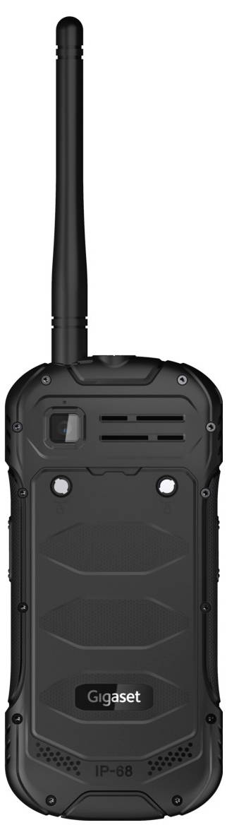 Robustes, schwarzes Funkgerät mit langer Antenne, Rückansicht. Markenname 'Gigaset' auf der Rückseite sichtbar.