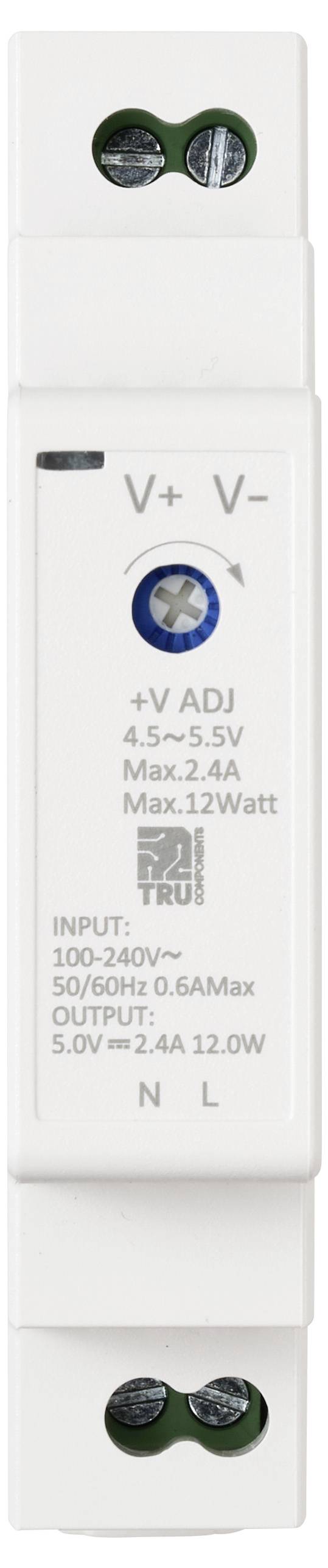 Weißes elektrisches Gerät, gekennzeichnet mit Eingangsspannung 100-240V, Ausgangsspannung 5,0V 2,4A 12,0W und Spannungsanpassung 4,5-5,5V. Entwickelt zur Leistungsregulierung.