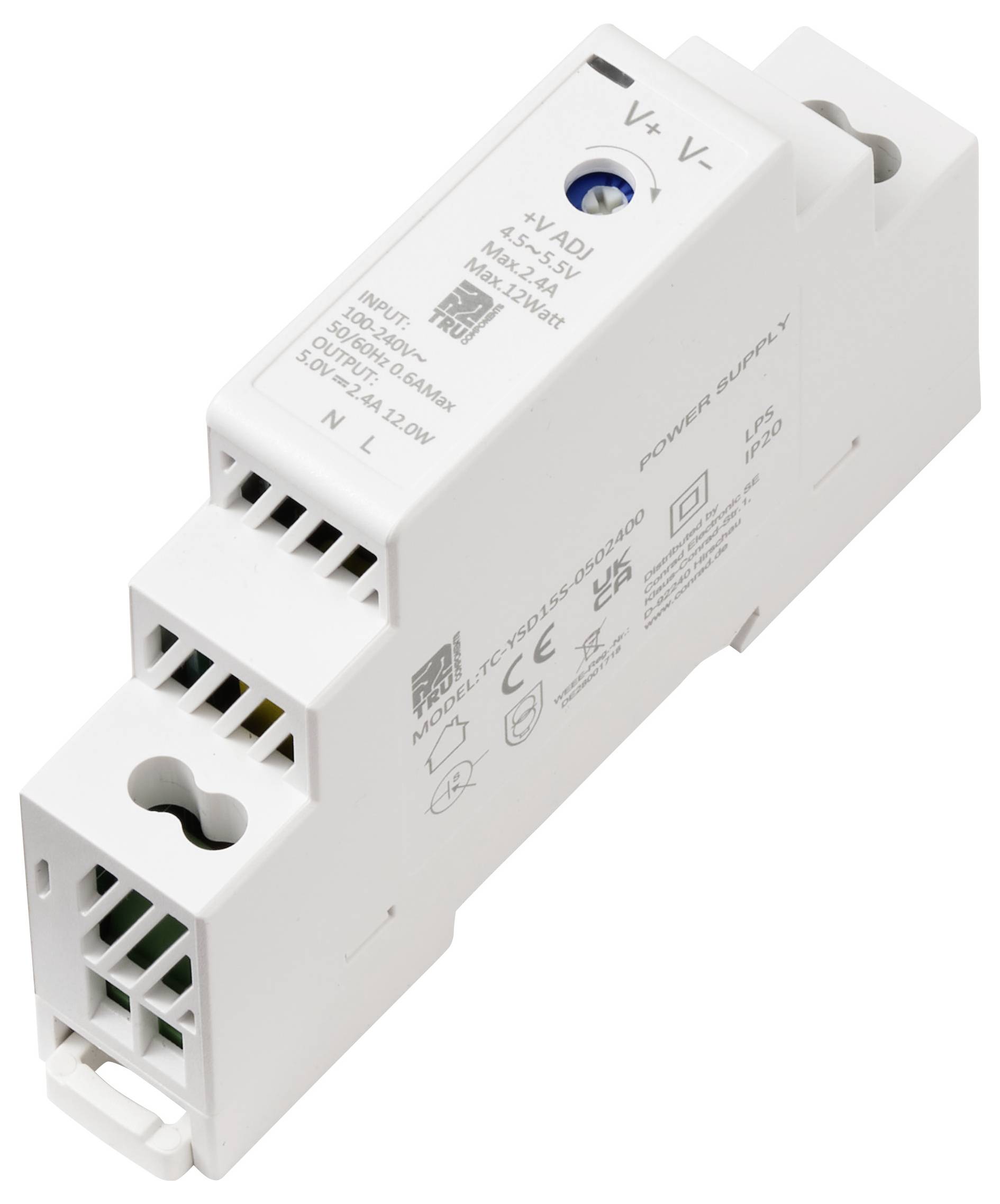 Ein weißes elektronisches Netzteilmodul mit beschrifteten Ein- und Ausgängen, einschließlich V+, V-, N und L, für die Montage auf Hutschiene ausgelegt.