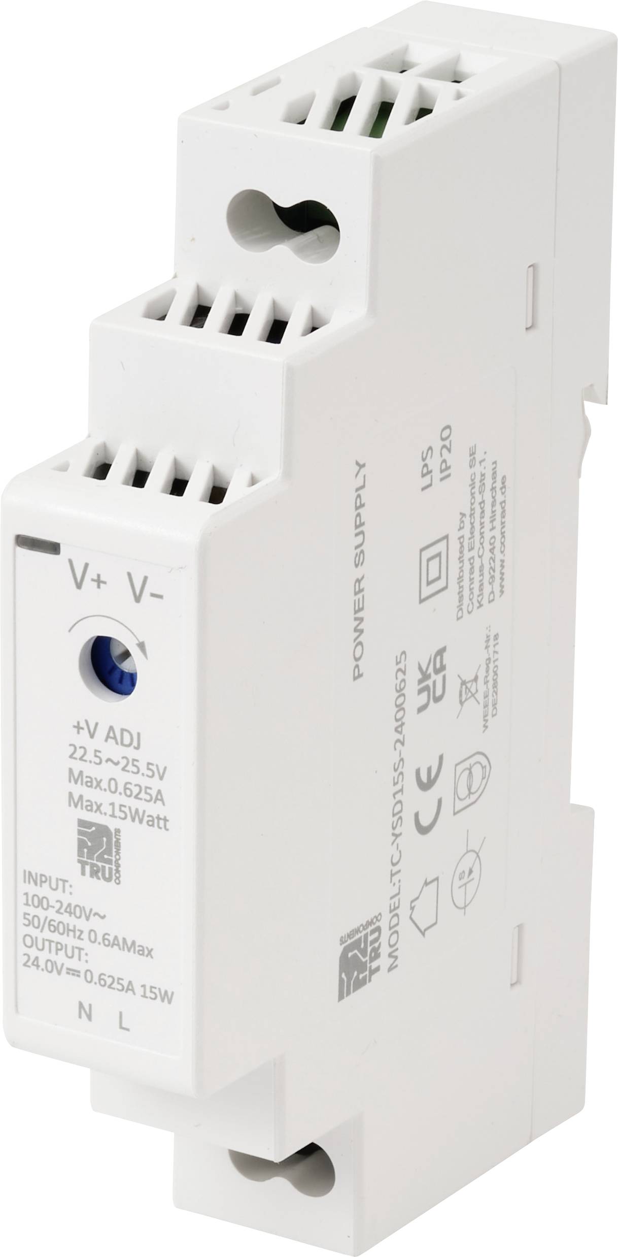 Ein weißes DIN-Schienen-Netzteil mit beschrifteten Eingangs- und Ausgangsanschlüssen, geeignet für 100-240V AC Eingang und 24V DC Ausgang bei 0,625A.