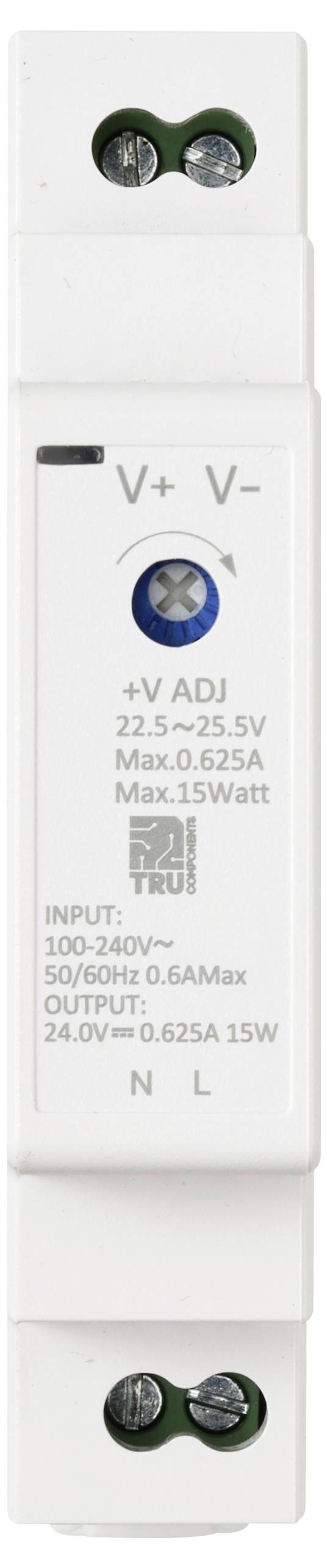 Ein weißes elektrisches Gerät mit Eingangsspannung von 100-240V, 50/60Hz und Ausgangsspannung von 24,0V-0,625A, 15W. Es verfügt über Markierungen zur Spannungseinstellung und Anschlüsse.