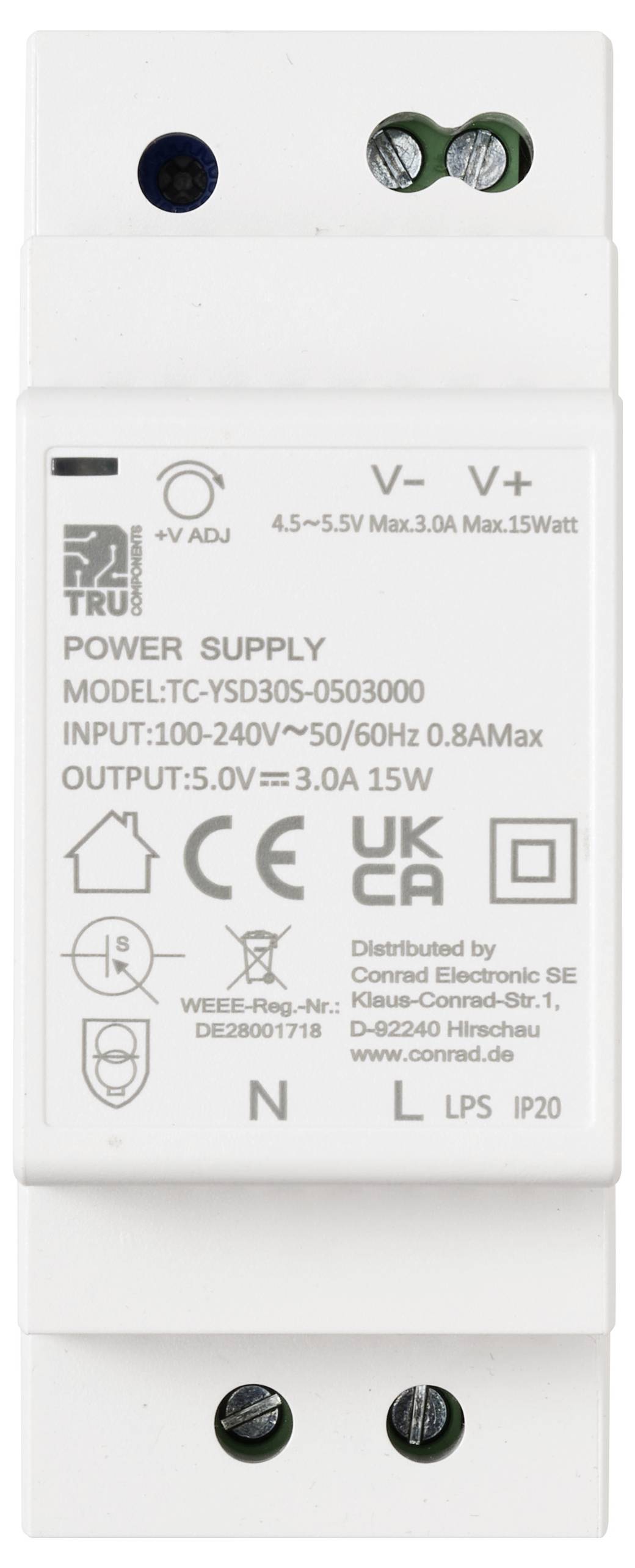 'TRU Components' Netzteilmodul mit Spezifikationen: Modell TC-YSD30S-0503000, 100-240V Eingangsspannung, 5V/3A Ausgangsspannung, max. 15W.