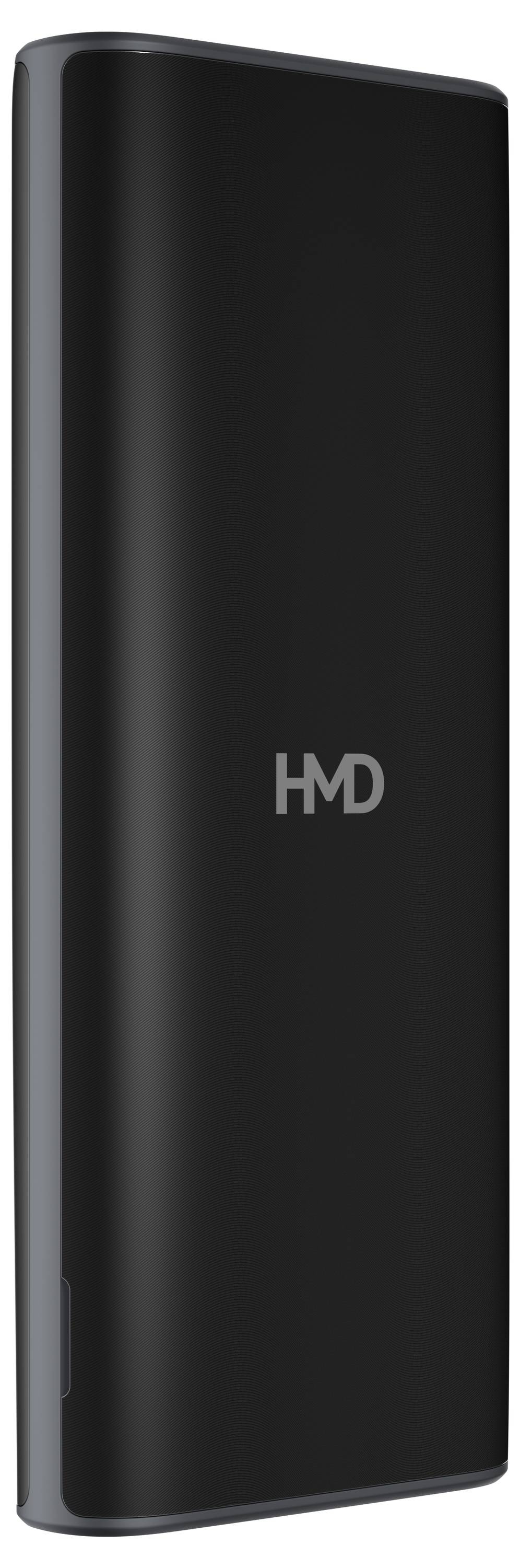 Schwarze Powerbank mit einem glänzenden 'HMD'-Logo in der Mitte. Schlankes, modernes Design ohne sichtbare Anschlüsse oder Tasten.