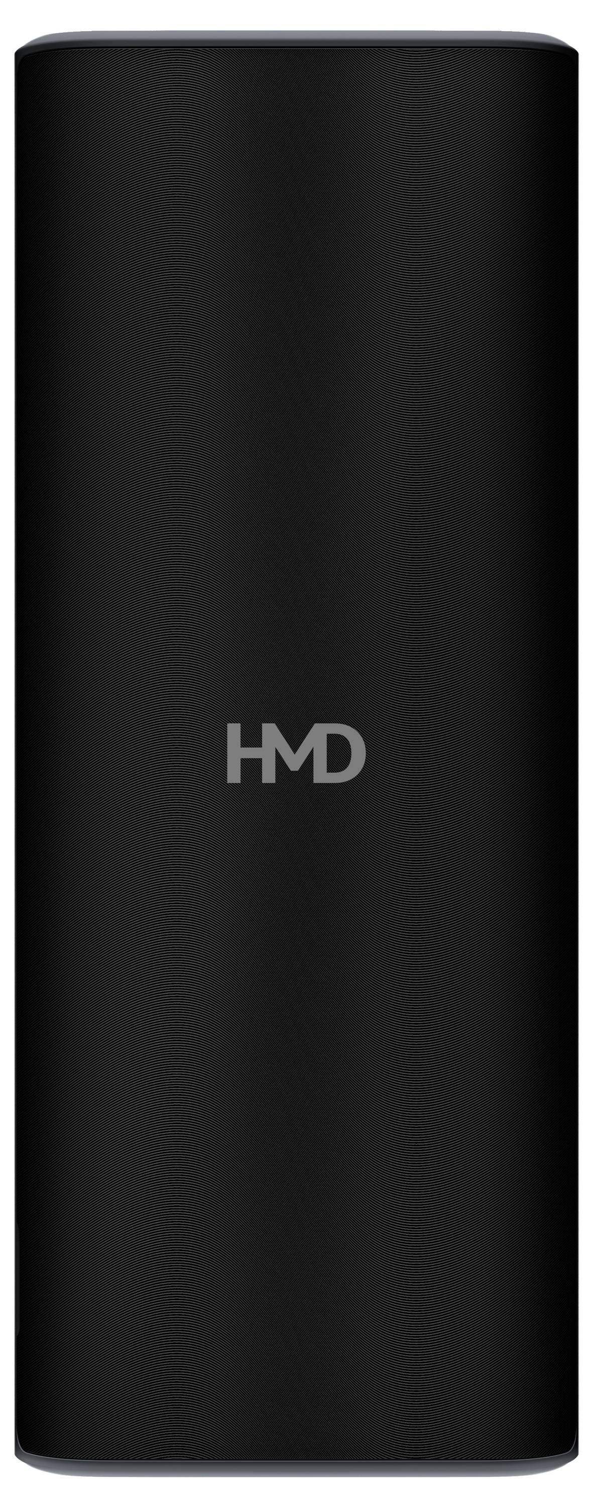 Schwarzes, rechteckiges, tragbares Ladegerät mit HMD-Logo in der Mitte.