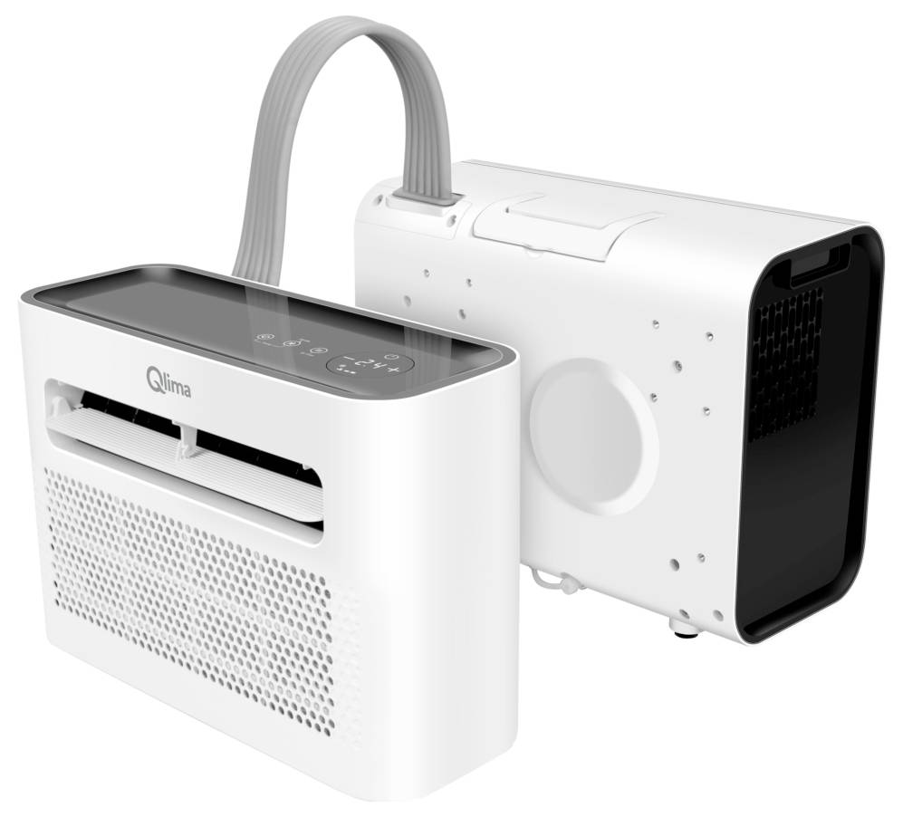 Mobiles Klimagerät in zwei Teilen, einer für den Innenbereich mit Bedienelementen, der andere für den Außenbereich, mit Verbindungsschlauch.