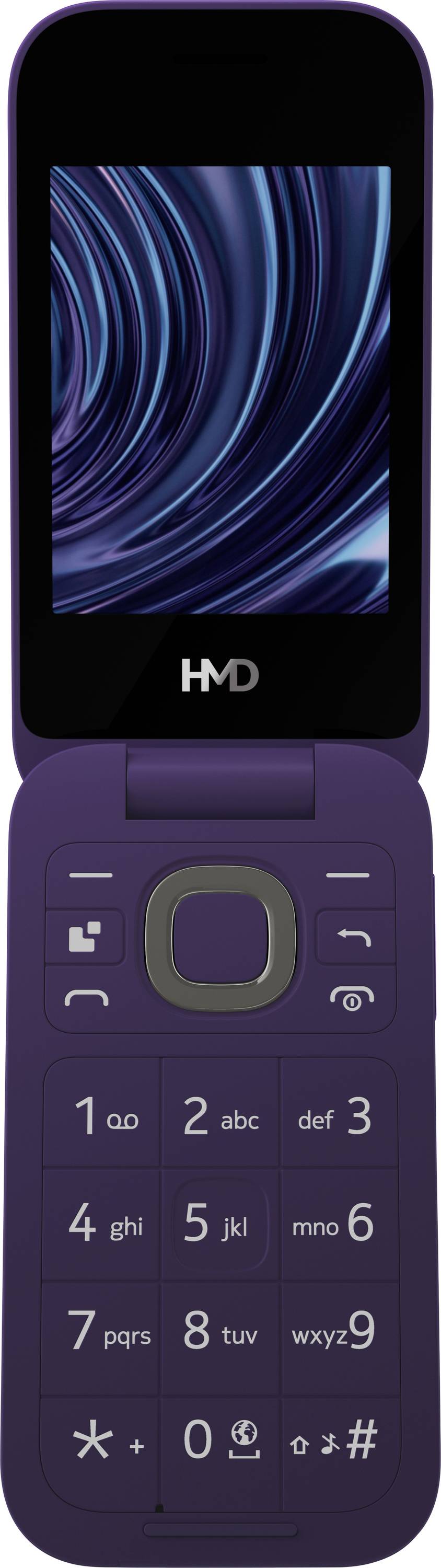 Ein aufklappbares Mobiltelefon mit einem Tastenfeld und kleinem Bildschirm. Das Telefon ist lila mit der Anzeige einer spiralförmigen Grafik.