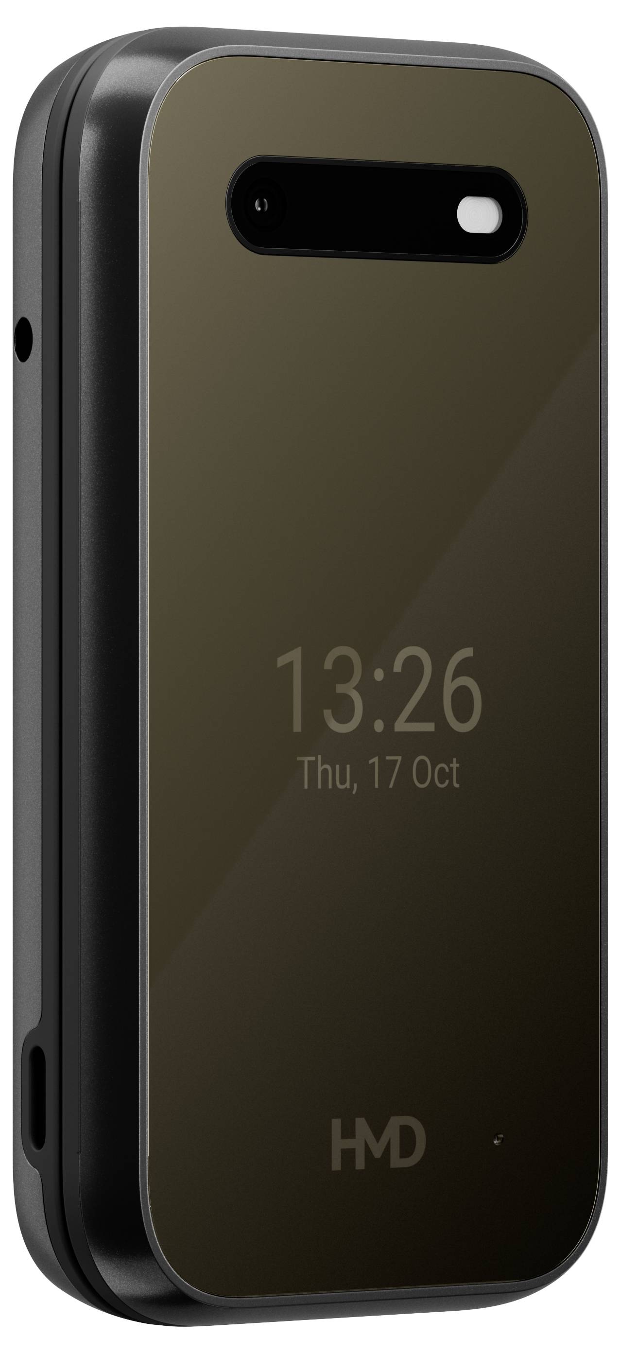 Klapphandy mit geschlossenem Display, zeigt Datum 'Thu, 17 Oct' und Uhrzeit '13:26'. Schwarzes, kompaktes Design mit HMD-Logo unten.