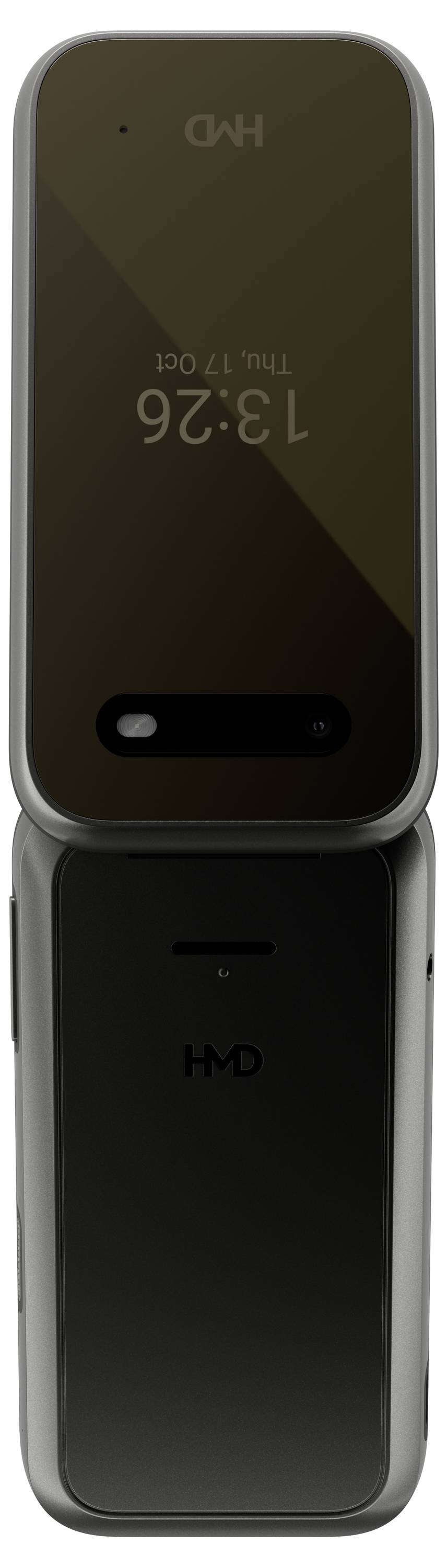 Klapptelefon in geschlossener Ansicht, zeigt eine digitale Uhrzeitanzeige '13:26' und den Aufdruck 'HD’, dunkles Gehäuse.