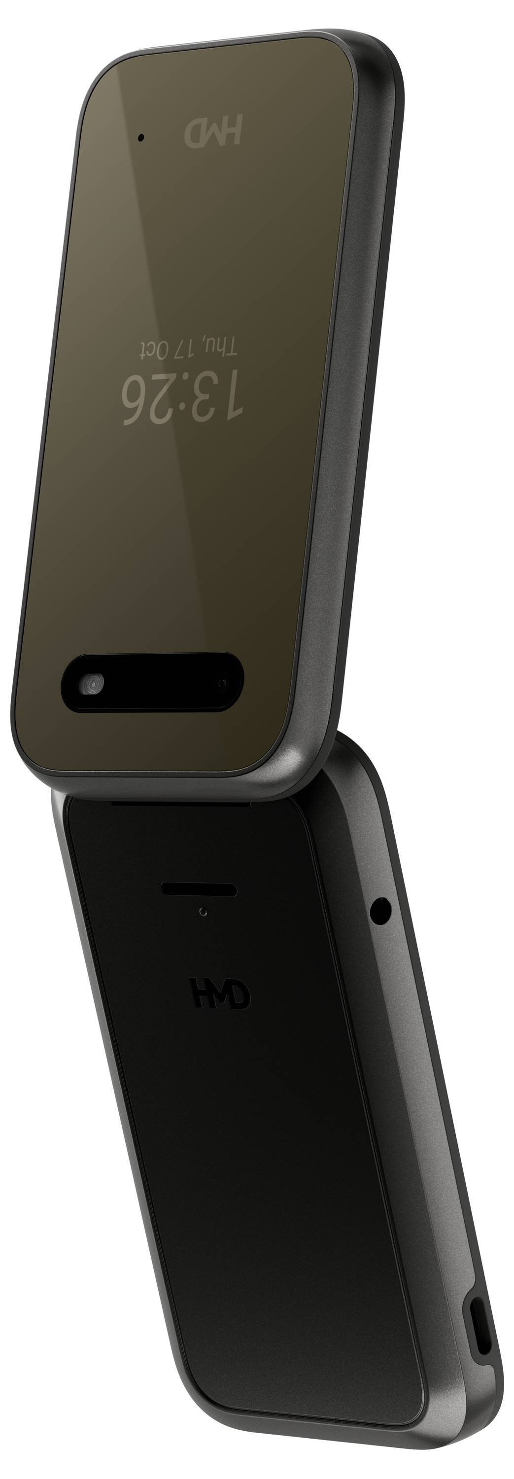 Ein schwarzes Klapphandy, geöffnet, zeigt ein digitales Display mit Uhrzeit und Batteriestand. Designt modern und schlank.