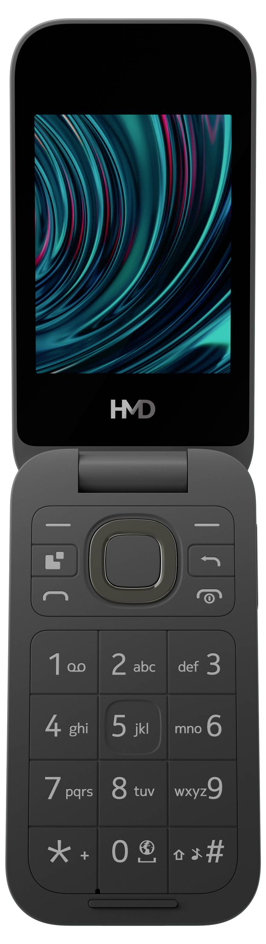 Klapphandy mit nummerischer Tastatur und kleinem Farbdisplay, Marke unbekannt. Bildschirm zeigt abstraktes, spiralförmiges Muster.