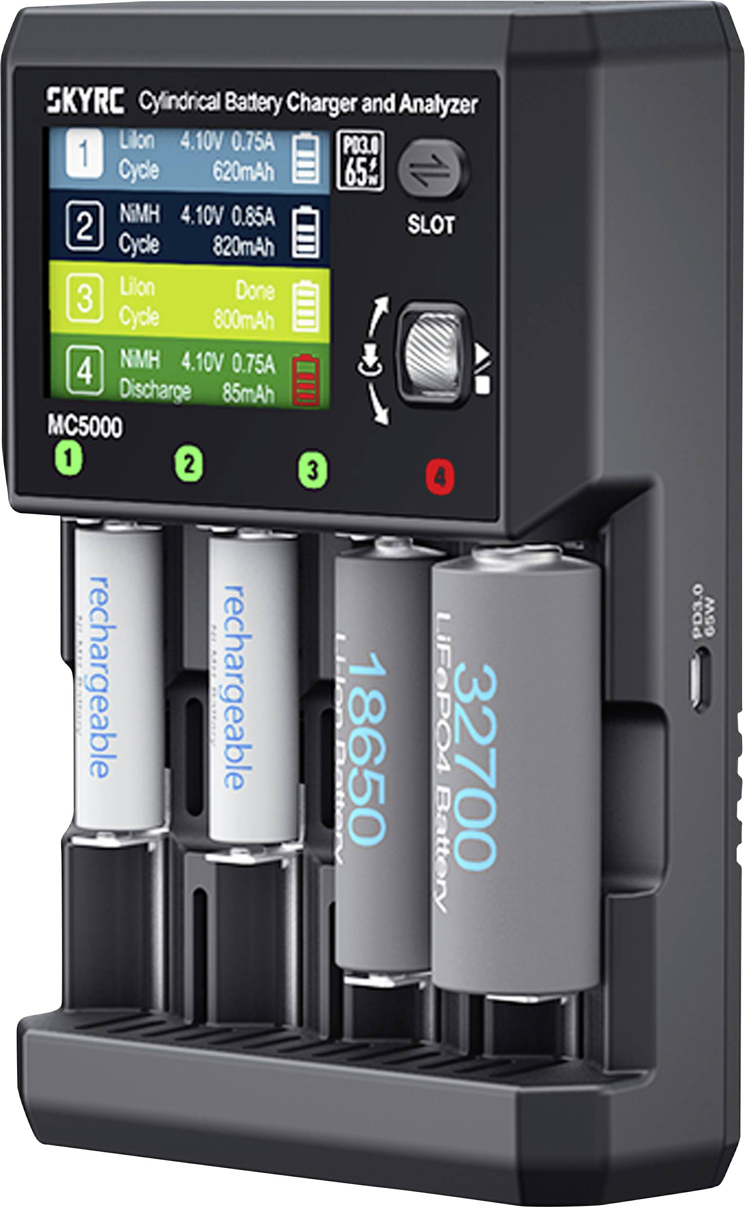 Zylindrischer Batterieladegerät mit Anzeige des Ladestatus für vier Batterien und einem digitalen Bildschirm, der Batterietypen, Ladezyklen und Kapazität anzeigt.