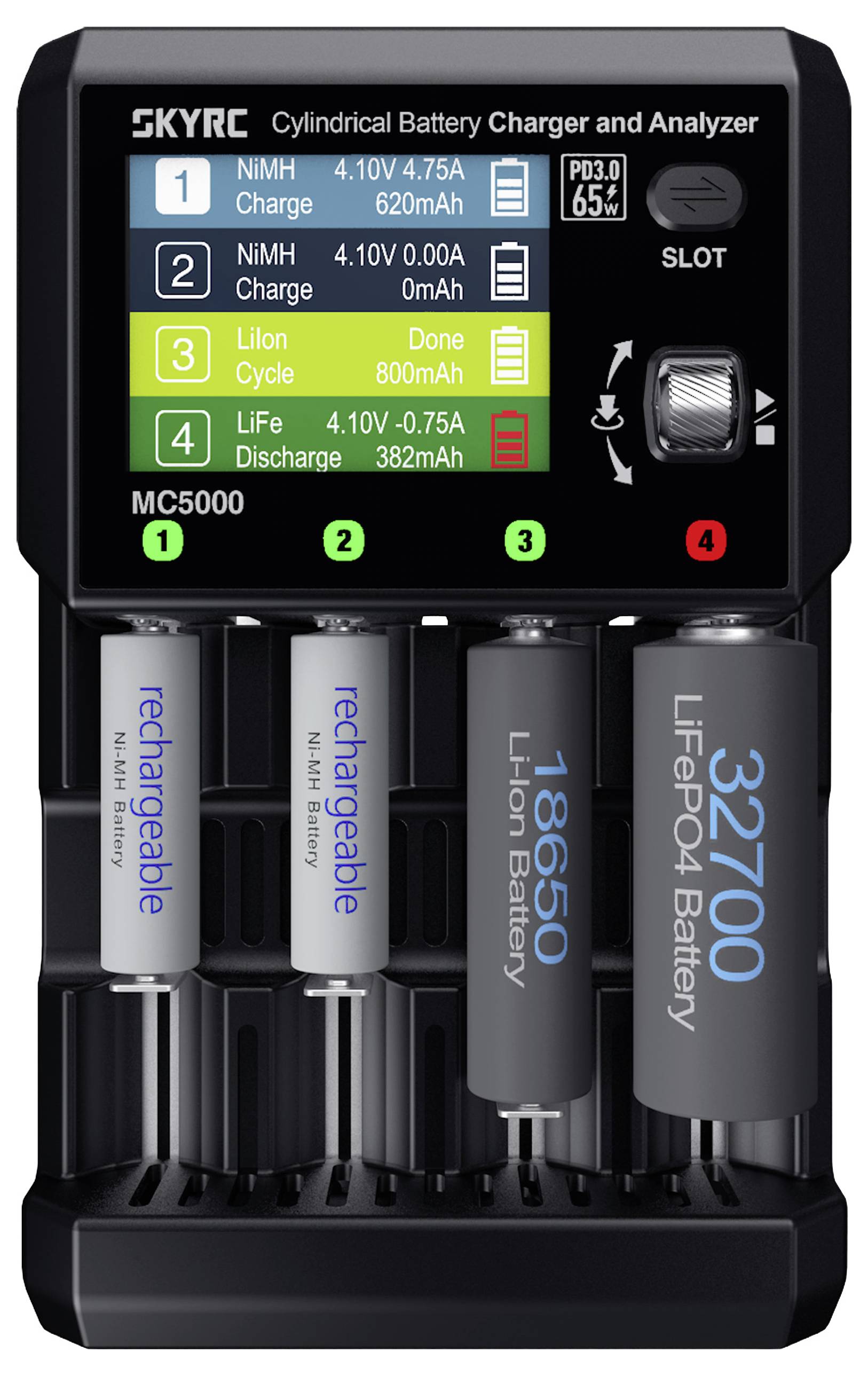 Ein Ladegerät mit digitaler Anzeige, die Lade- und Batterietypen für NiMH, Li-ion und LiFePO4 zeigt. Vier Zylinderbatterien eingesetzt.