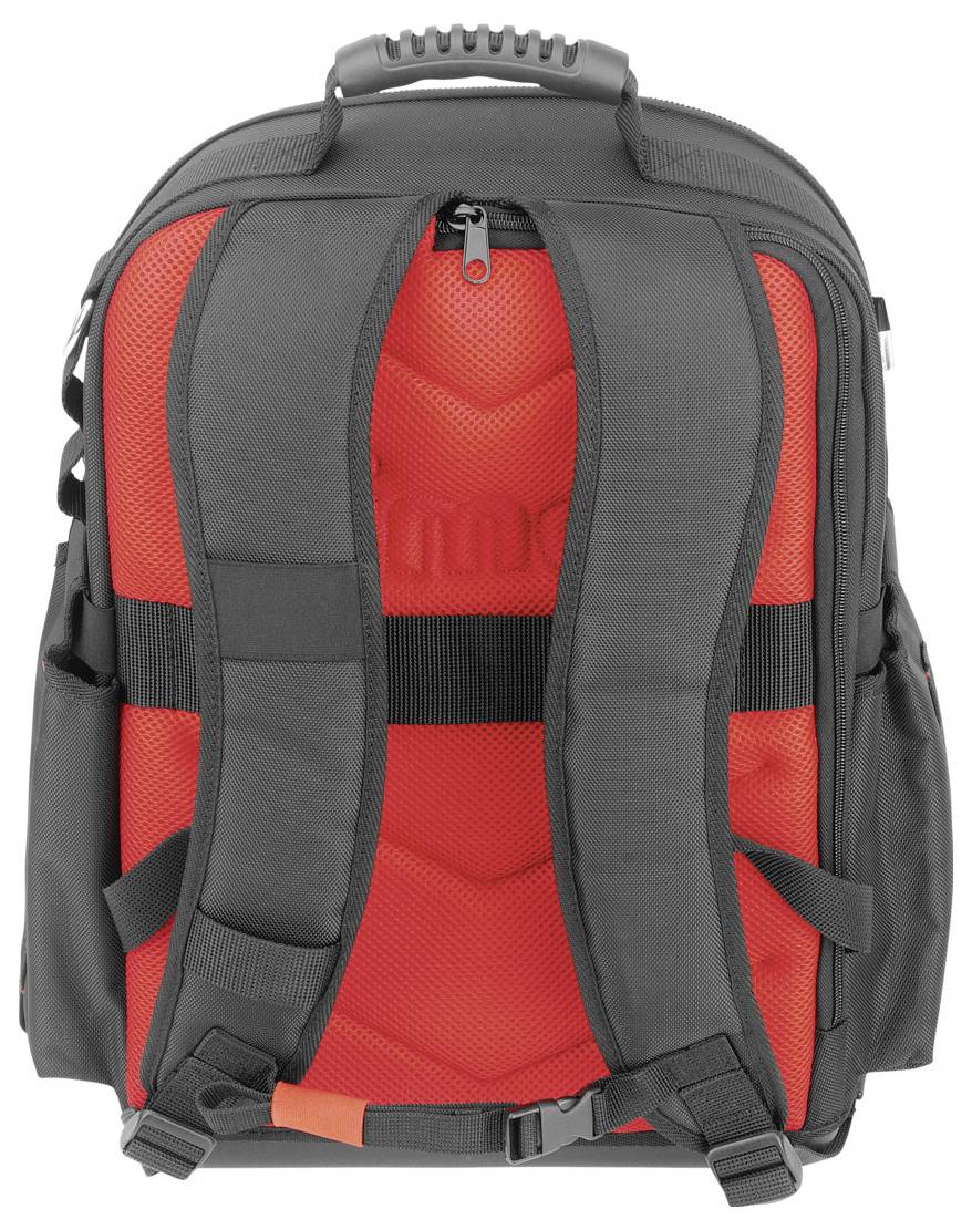 Roter und grauer Rucksack mit mehreren Fächern, verstellbaren Schultergurten und Tragegriff, aufrecht stehend.