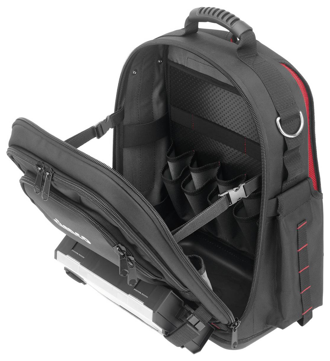 Schwarzer Rucksack mit geöffnetem Hauptfach, zeigt unterschiedliche Taschen und Fächer zur Organisation von Werkzeugen.