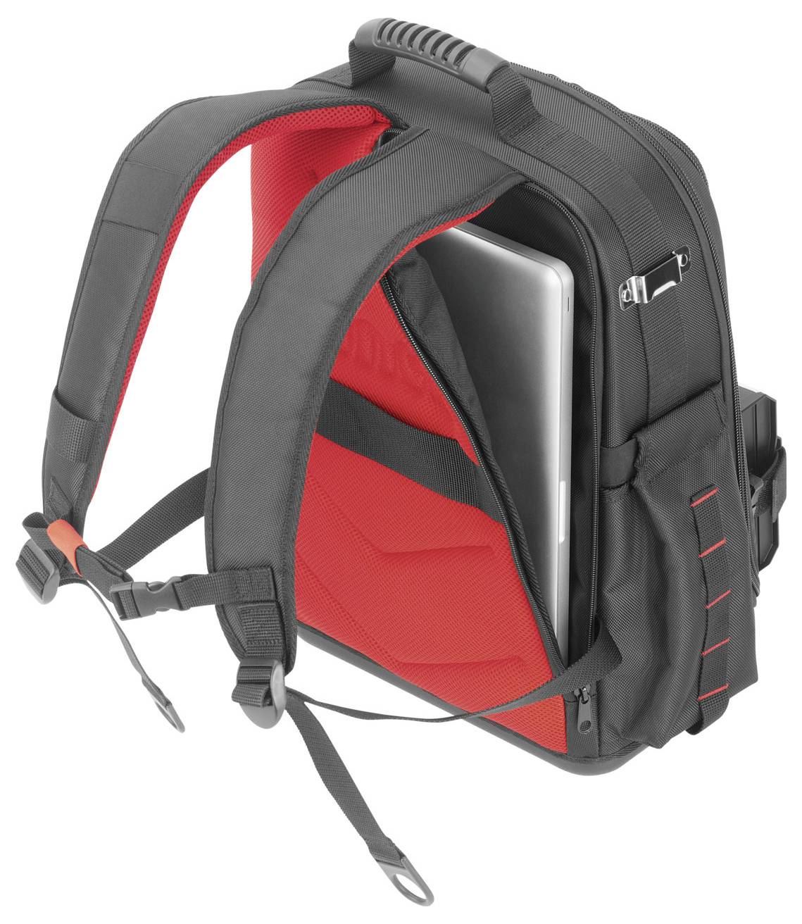 Ein schwarzer Rucksack mit roten Akzenten zeigt ein teilweise sichtbares Laptop-Fach. Der Rucksack hat gepolsterte Schultergurte.