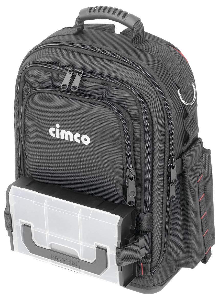 Schwarzer Werkzeugrucksack mit mehreren Fächern und transparentem Kunststoffbehälter an der Vorderseite, das Logo 'cimco' sichtbar.