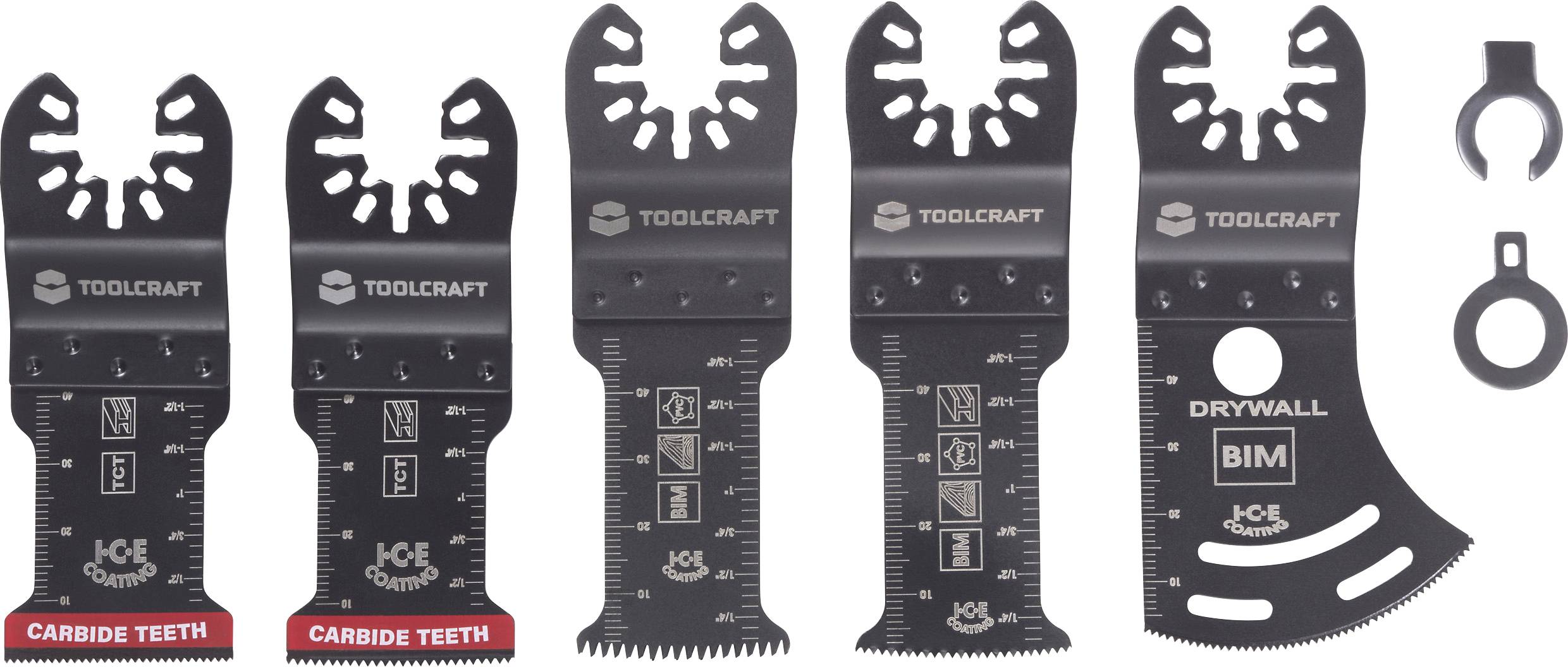 Fünf TOOLCRAFT oszillierende Multitool-Sägeblätter mit Hartmetallzähnen, entwickelt zum Schneiden verschiedener Materialien. Enthält Maßmarkierungen.